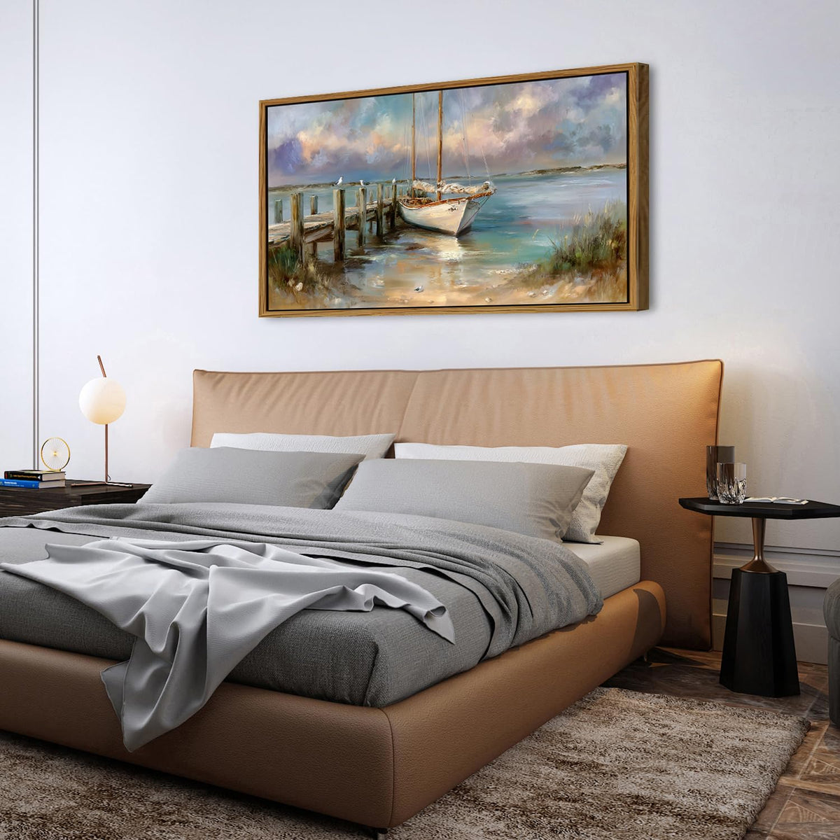 Abstract Ocean Framed Wall Art Coastal Room Decor Rustic Beach Rowboat Landscape Picture Canvas Prints for Living Room Cottagecore Decor Seaside Poster Sea View Painting Artwork Home Decoration 30x57.8" (30"L x 57.8"W / Boat)