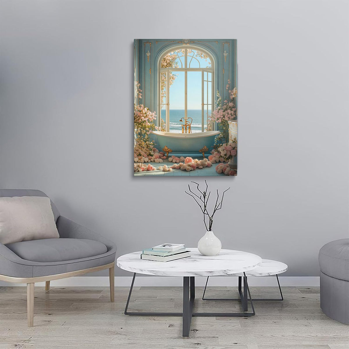 Coastal Blue Bathroom Canvas Wall Art Framed Floral Ocean Decor 16x24 Inch (Bathtub / 24"L x 16"W)