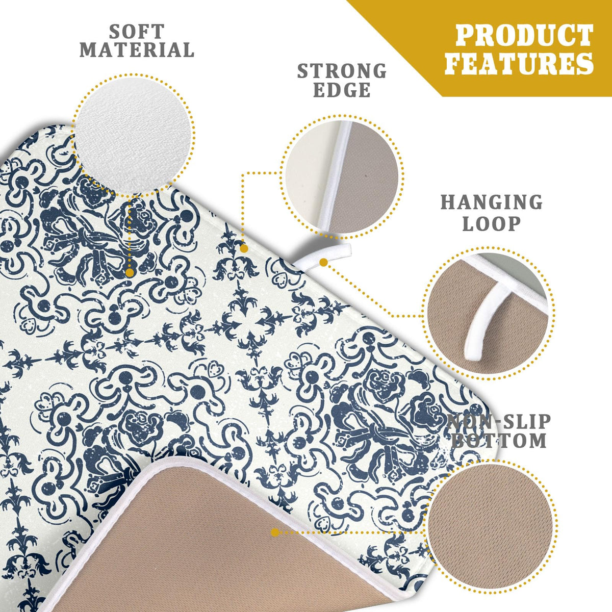 Bohemian Grey Retro Dish Drying Mat for Kitchen Counter (Grey Retro Flower230807 / 16" x 18")