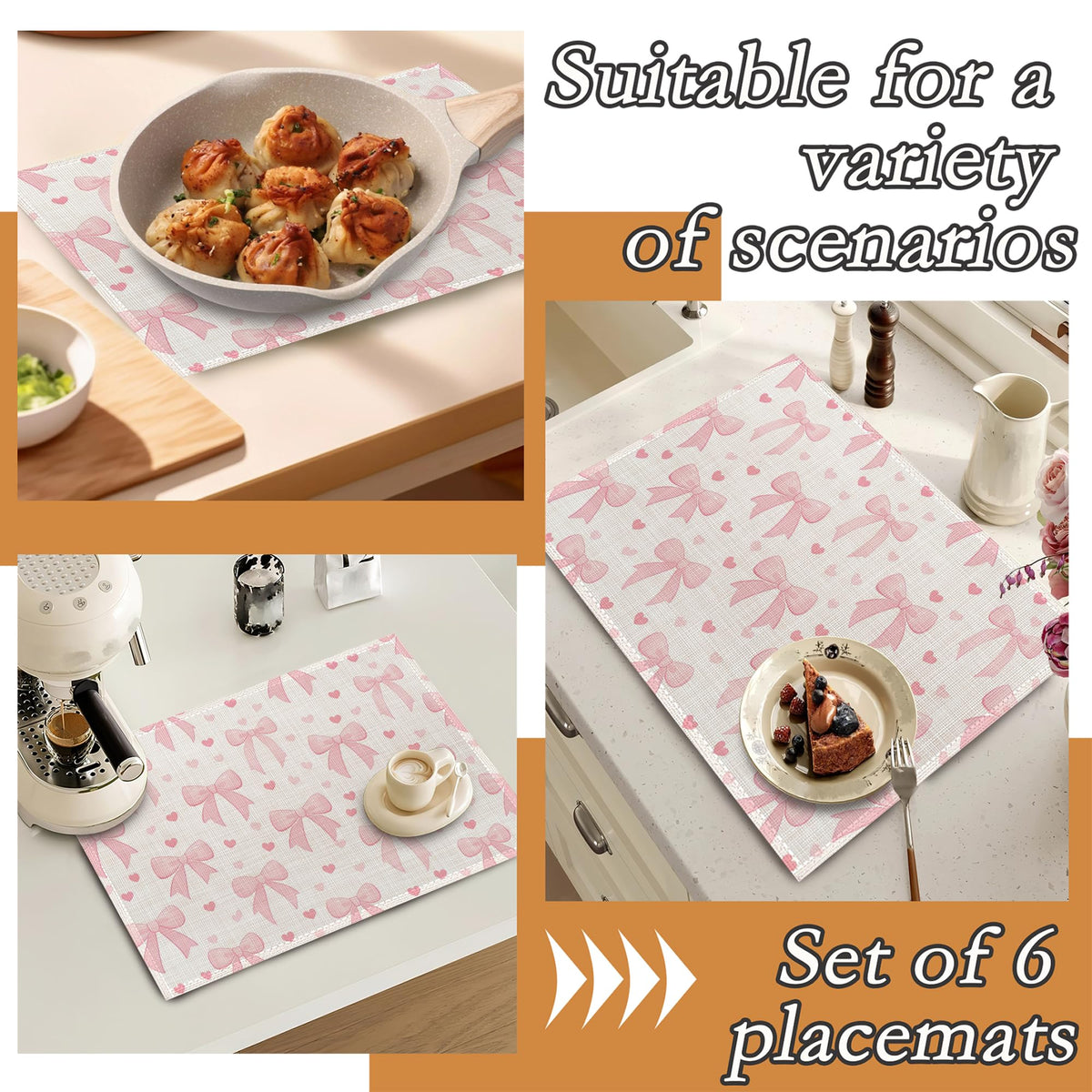 Placemats Set of 6 (Cute Pink Bow Heart)