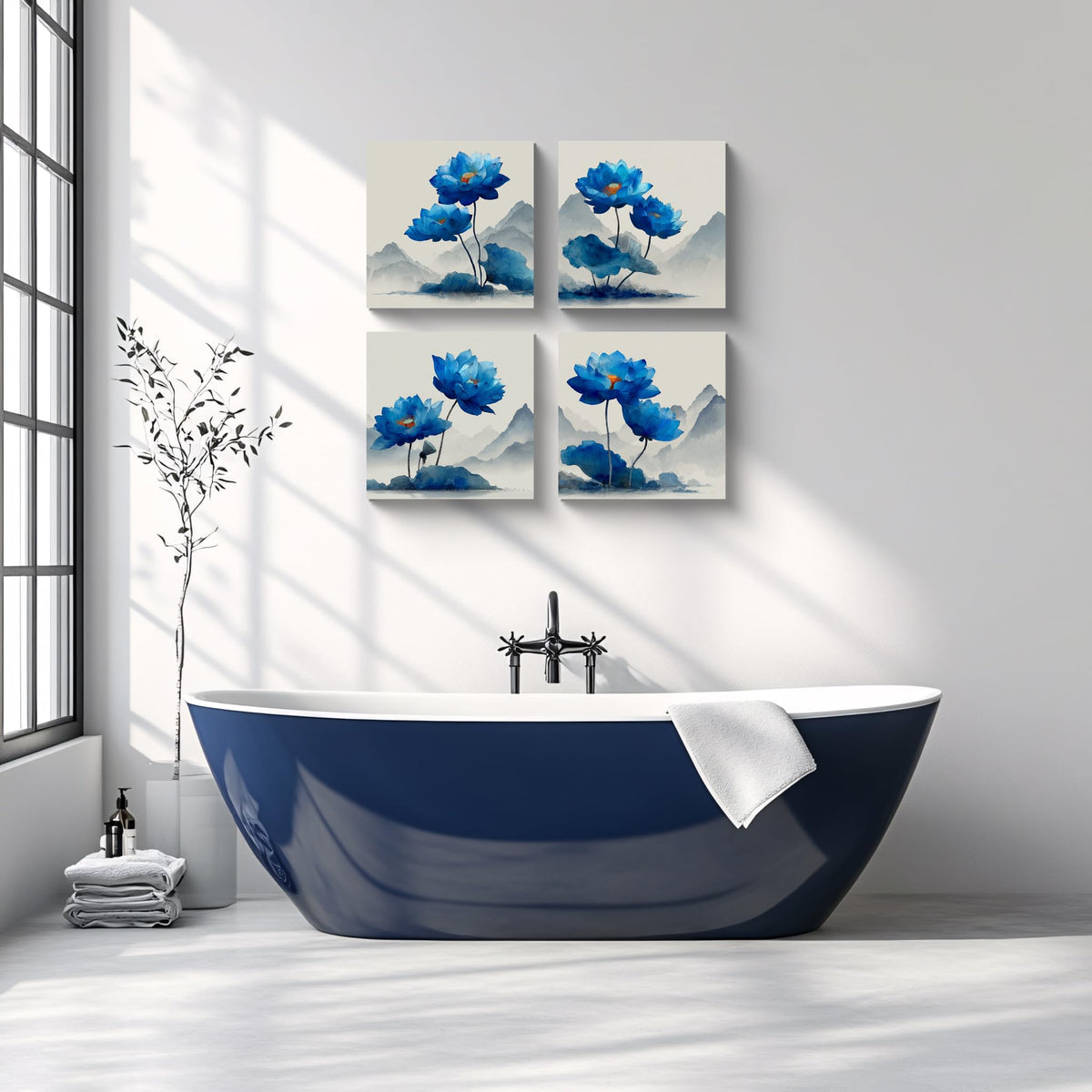 4PCS Blue Lotus Wall Art Chinese Ink Painting Style Watercolor Flower Canvas Print Oriental Botanical Artwork Modern Zen Landscape Decor for Living Room Bedroom Office Meditation Space (12X12inchX4 / Blue Lotus-2)