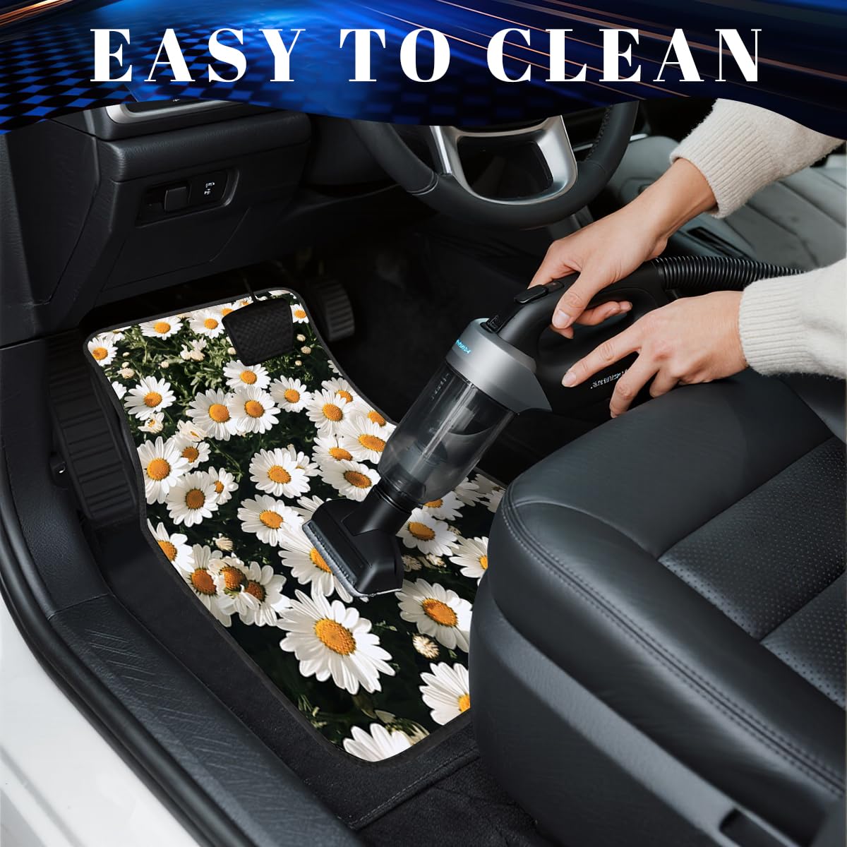 Daisy Car Floor Mats Set of 4 White Yellow Simple Background Fresh Carpet Front Rear Carpets Mat Non (26.8"L x 17.3"W x 0.4"Th / Daisy)