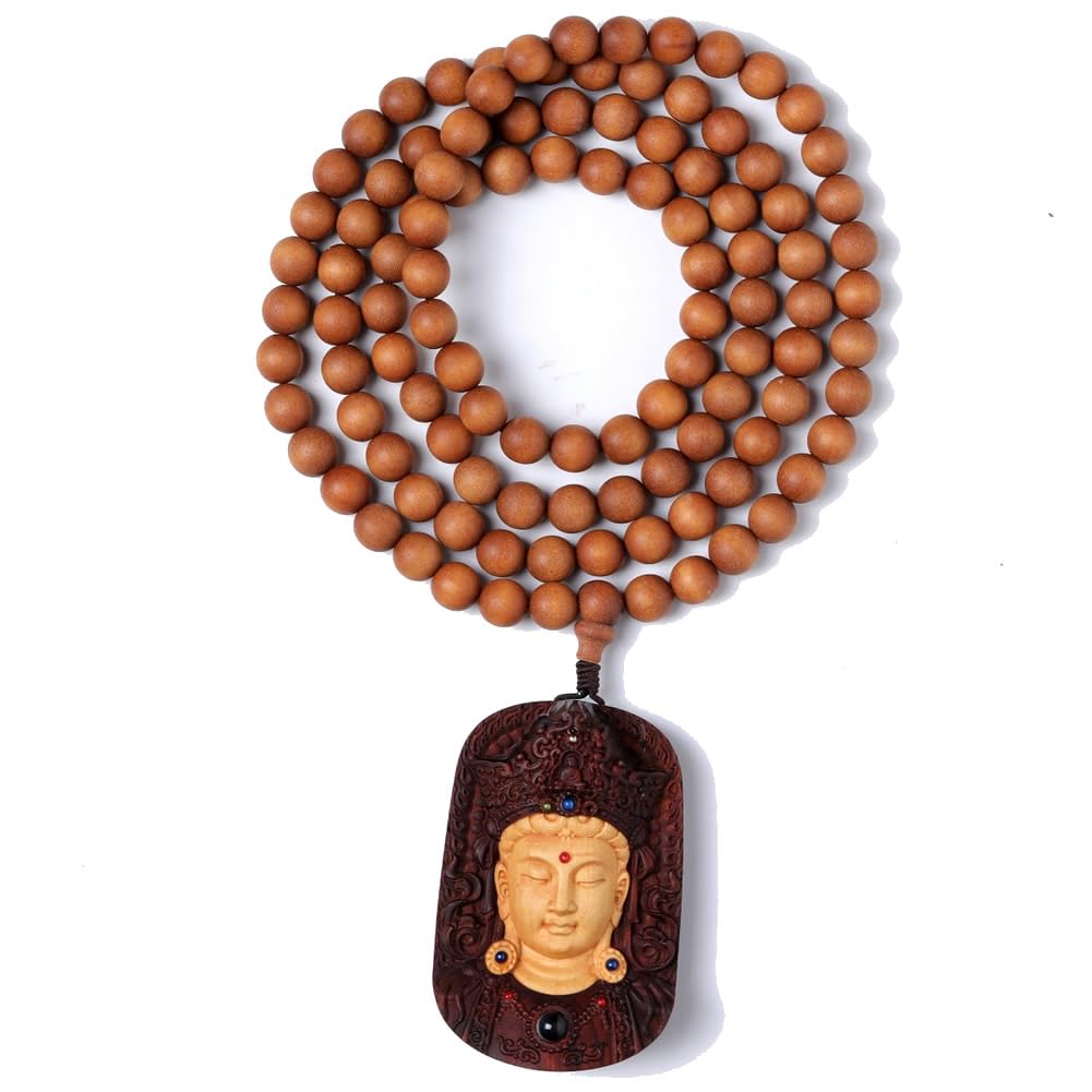 Unisex Teak Wood Prayer Beads Buddha Buddhist Bead Japa Mala Necklace Bracelet Bead (8mm x 108 beads + GuanYin)