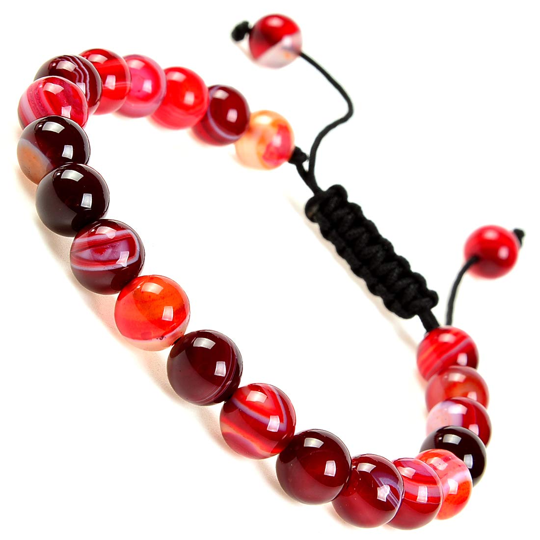 Natural Healing Power Gemstone Crystal Beads Unisex Adjustable Macrame Bracelets 8mm (Agate Red / 8mm)