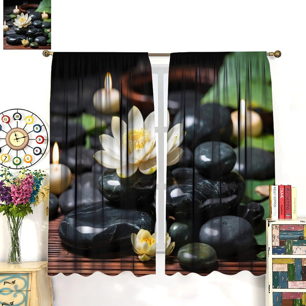 Zen Lotus Decor Curtains for Bedroom (20.5"W x 44.5"L (Pack of 2) / Style-7)