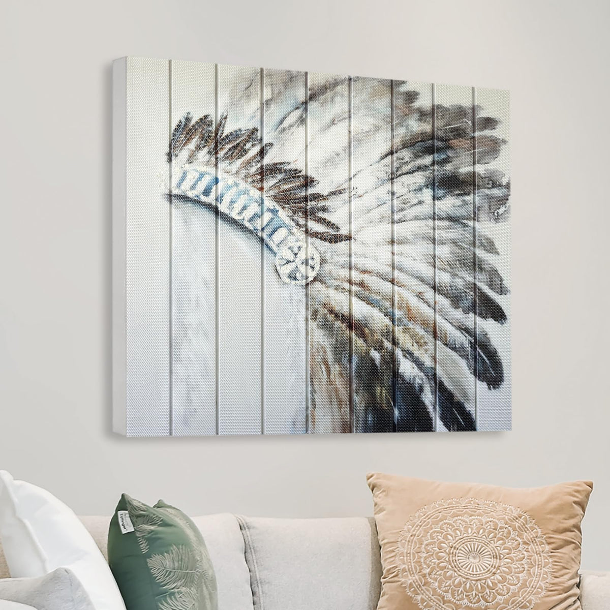Feather Headdress Ribbon Wall Art Boho Wall Decor Handmade Ribbon Canvas Painting Modern 3D Woven Unique Textured Prints for Living Room Bedroom Bathroom Office Kitchen Home Decor 20" x 20" (Grey / 20"L x 20"W)
