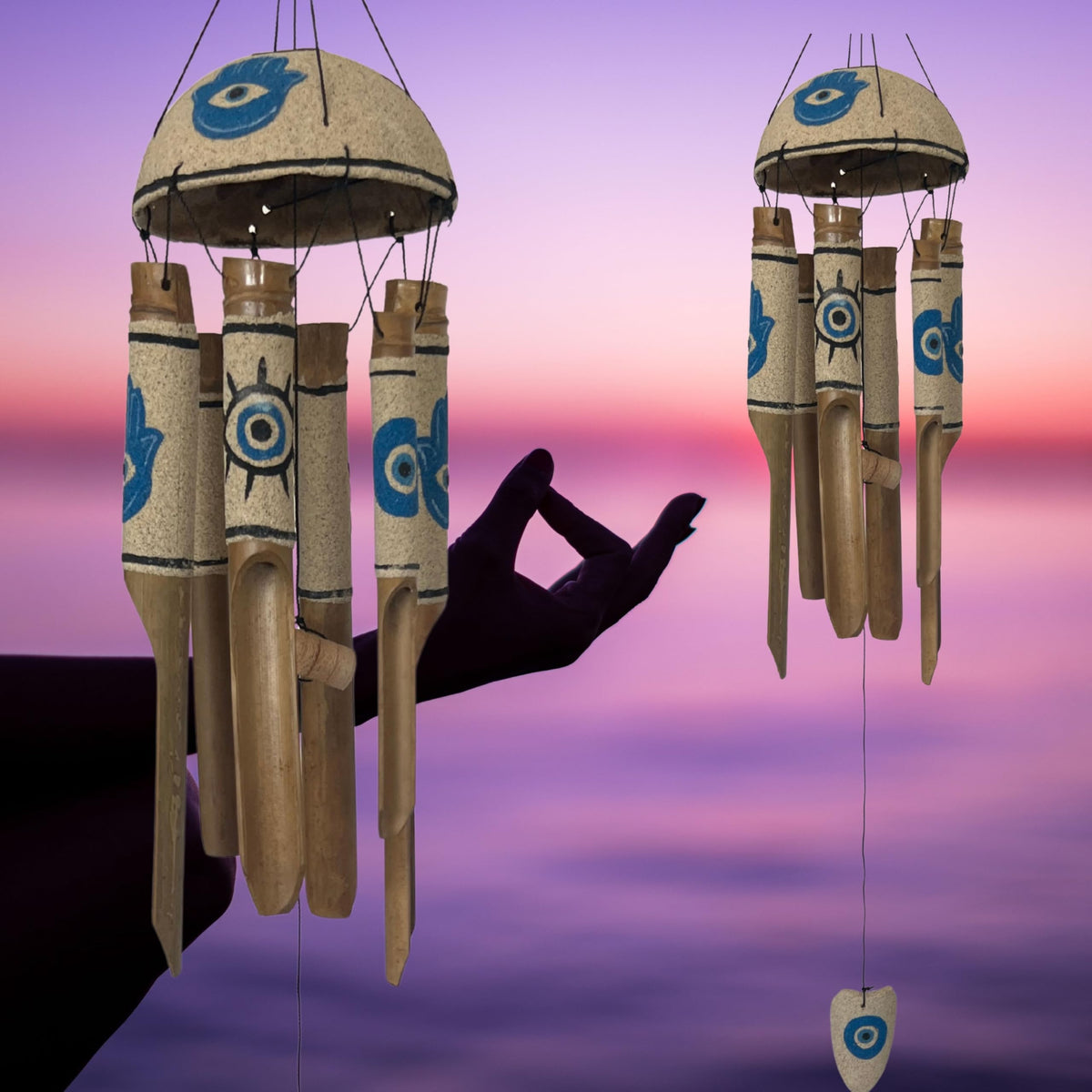 Bamboo Wind Chimes Sea Sand Art Painting Hamsa Evil Eyes Protection Handmade Windchimes Outdoor Garden Patio Gifts 32 Inch (Blue Sand)