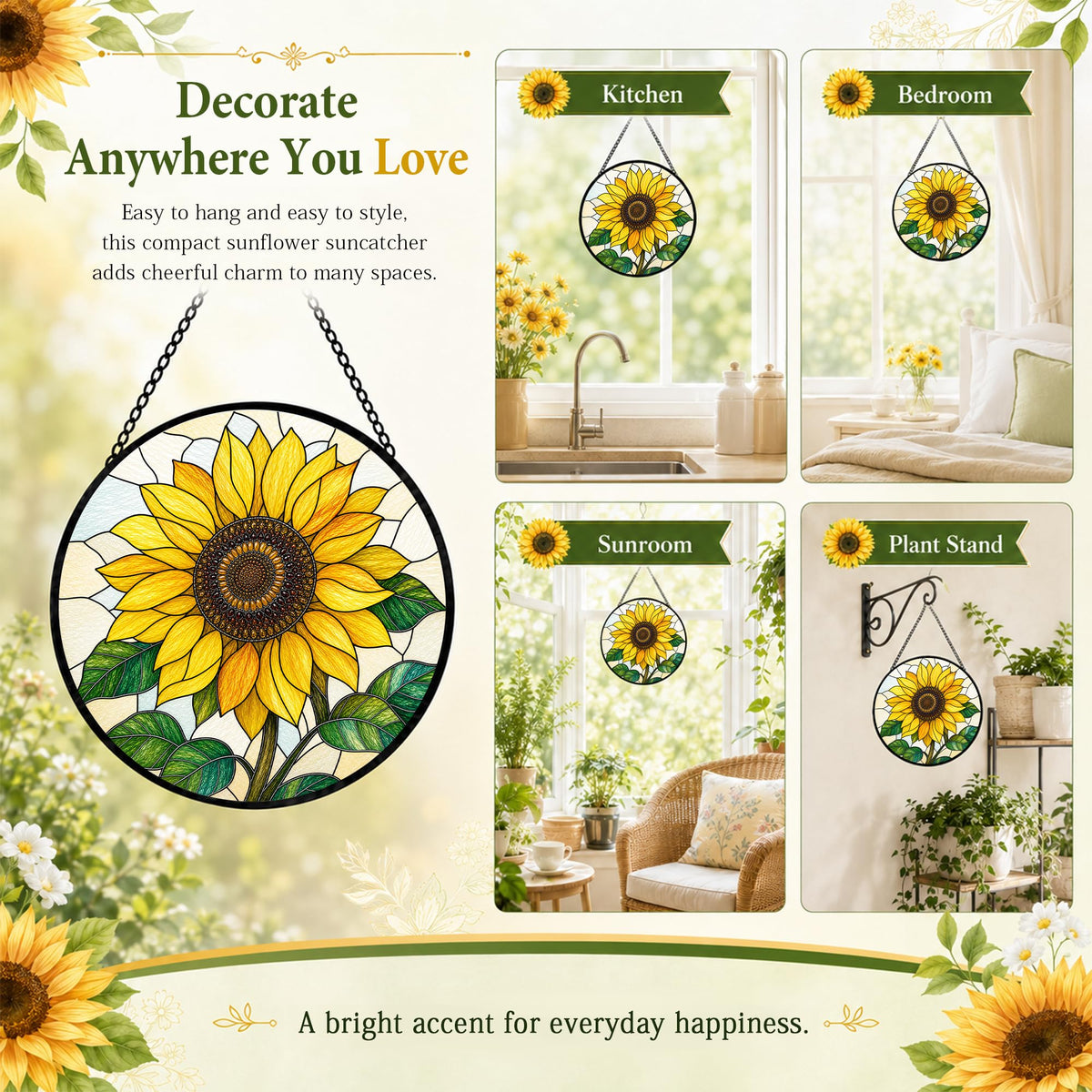 Sunflowers Gifts for Women Stained Glass Window Hanging Sun Catcher 9.8 in (Sunflower / 9.8 x 9.8 IN)