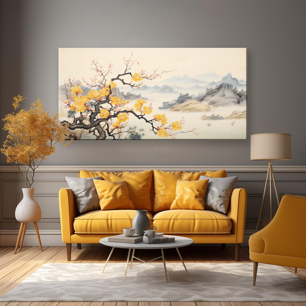 Asian Wall Art Traditional Chinese Painting Oriental Yellow Plum Blossom Canvas Pictures for Wall Decor Home decor for Living Room Cherry Blossom Decor Landscape Artwork Framed Ready to Hang (Yellow Blossom-One Piece / 32"L x 16"W)