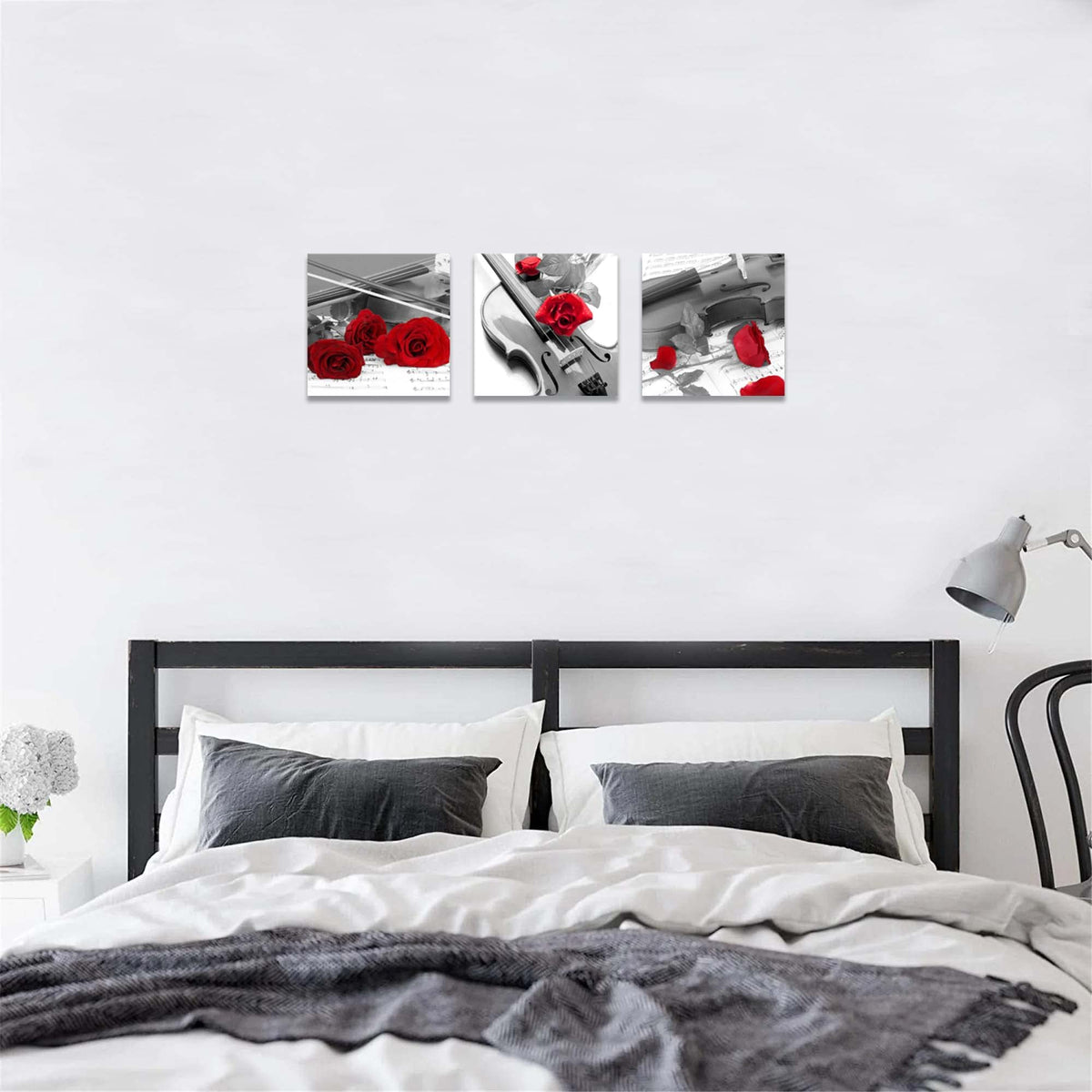 Canvas Print 3 Pcs Black and White Red Rose Canvas Art Painting Abstract Wall Art Decorations Flower Picture on Canvas for Home Decor Stretched and Framed (20 x 20 inches (3-Piece Set) / Violin and Rose)