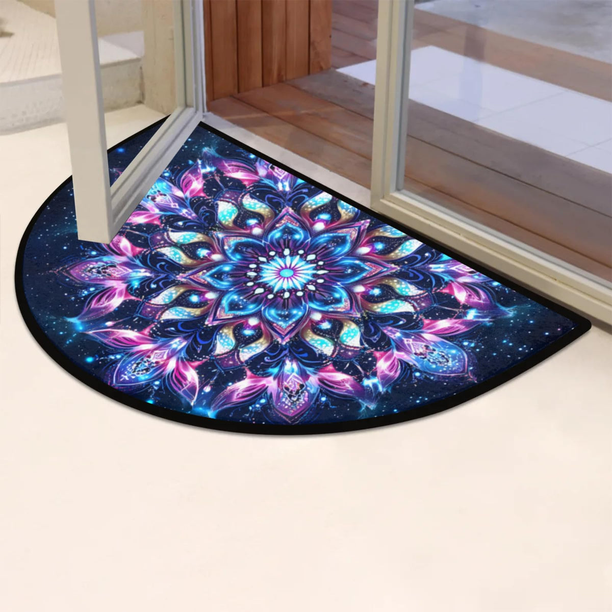 Half Round Doormat Flowers Ethnic Mandala Purple Non Slip Half Circle Area Rugs Indoor Washable Half Moon Rug Semi Circle Bathroom Runner Mat Entrance Floor Carpet for Kithen Bedroom Fireplace Decor (D 03)
