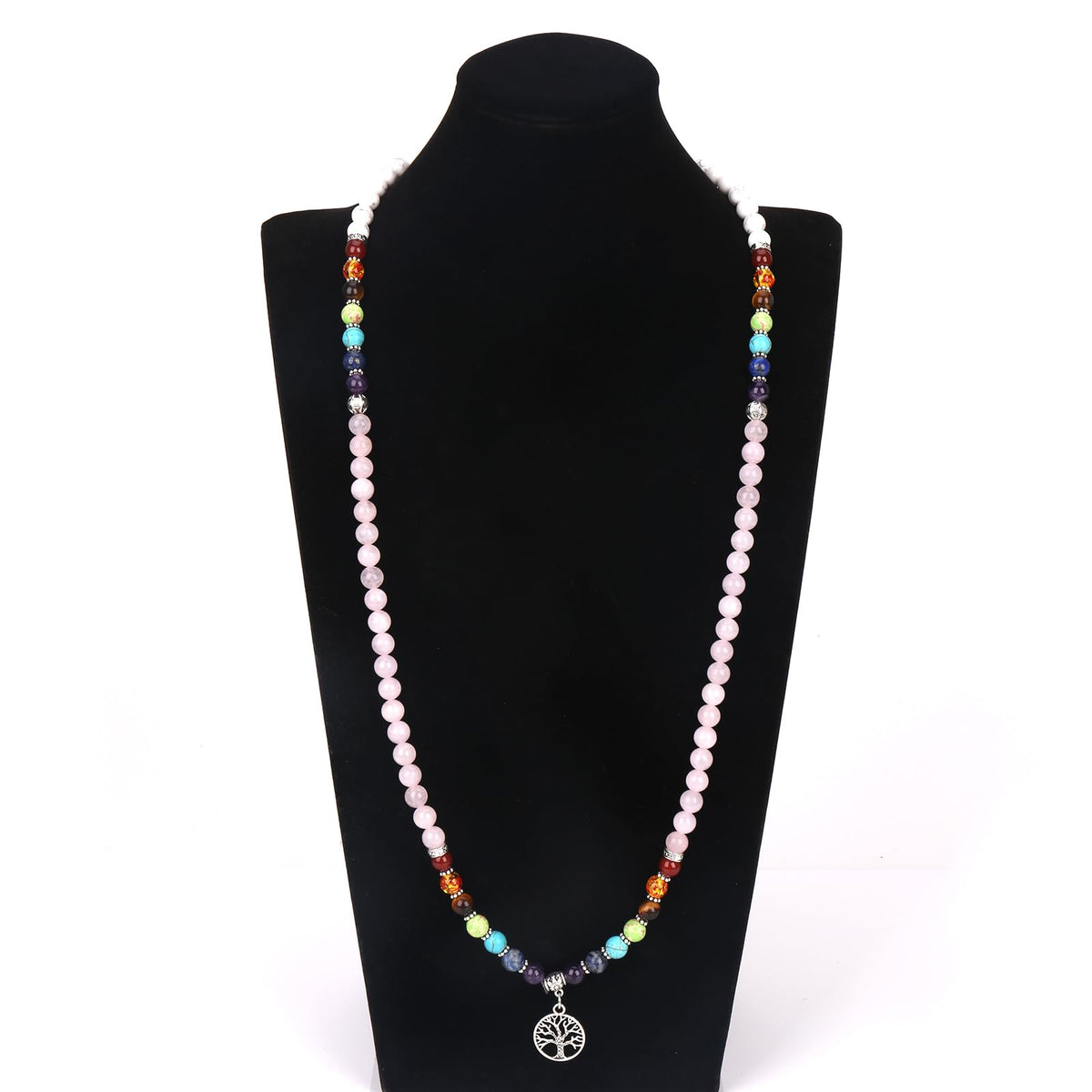 Necklace 108 Mala Beads Bracelet Buddhist Prayer Pendant Necklace (Rose quartz)