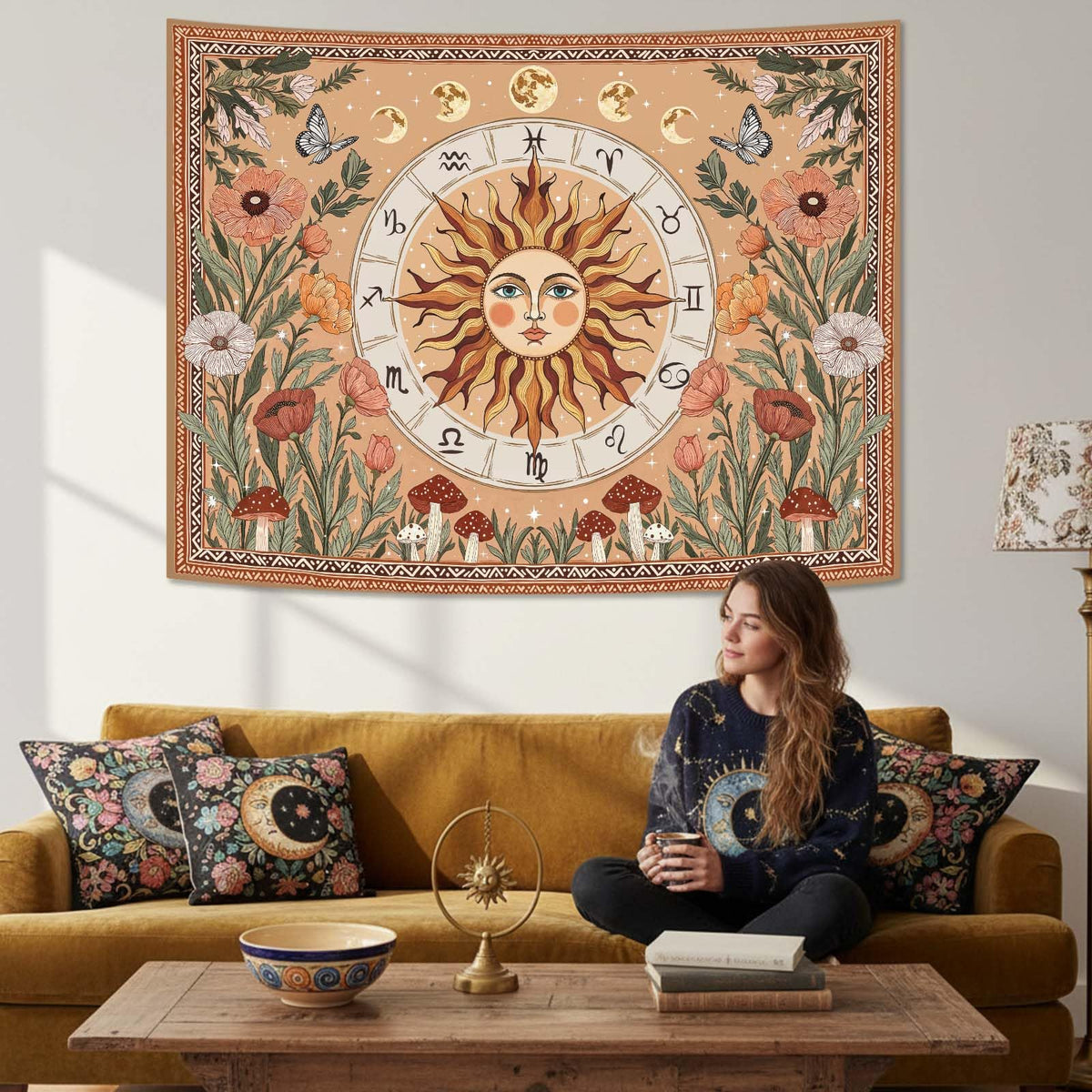 Boho Sun and Moon Vintage Mushroom Floral Tapestry 48x36 Inch (Light Red / 48"L x 36"W)
