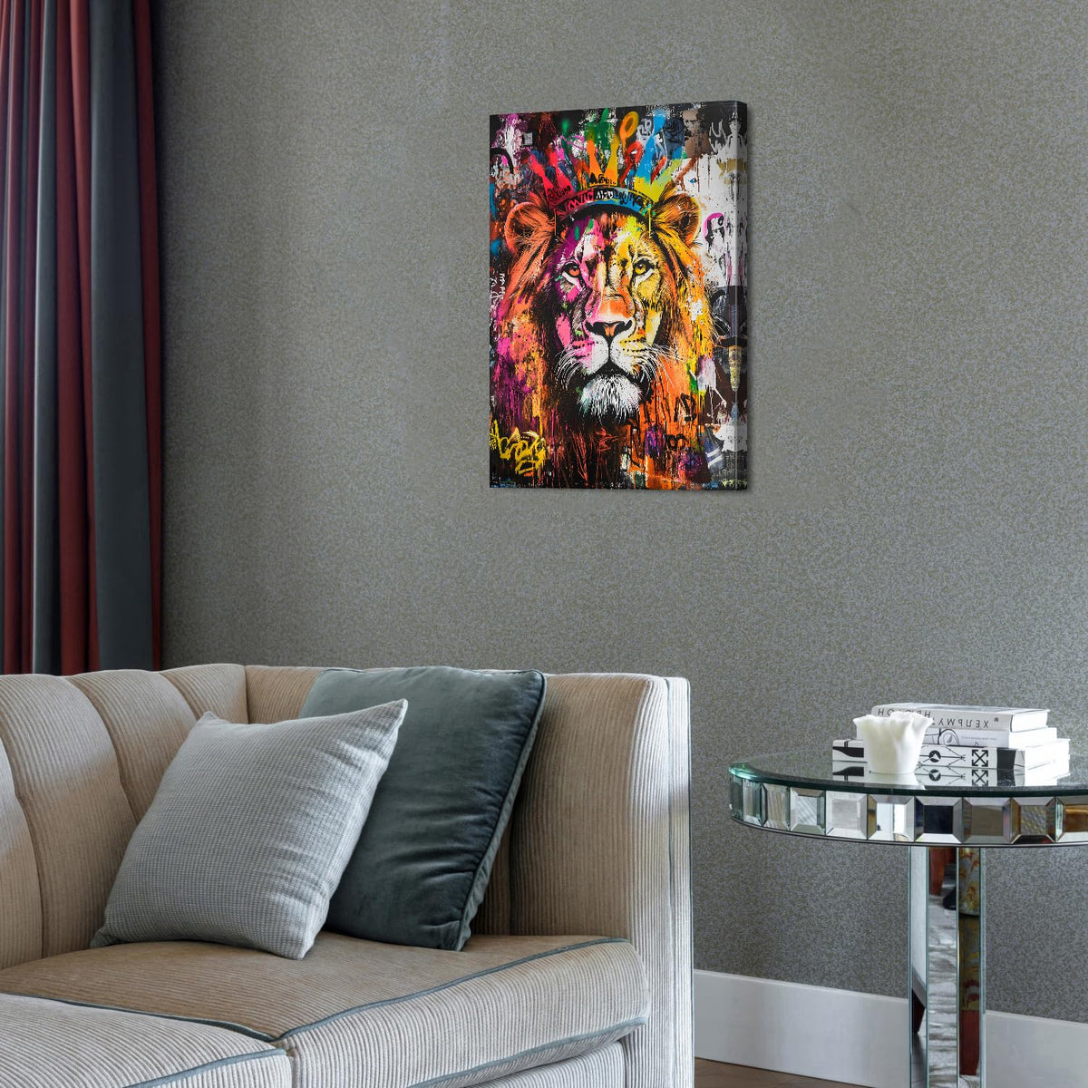 Lion Wall Decor Colorful Graffiti Wildlife Picture Wall Decor for Living Room Bathroom Gym Modern Framed Canvas Artwork Africa Lion Portrait Poster Print Wild Animal Painting Home Decorations 16x24 (24"L x 16"W / Graffiti Lion)