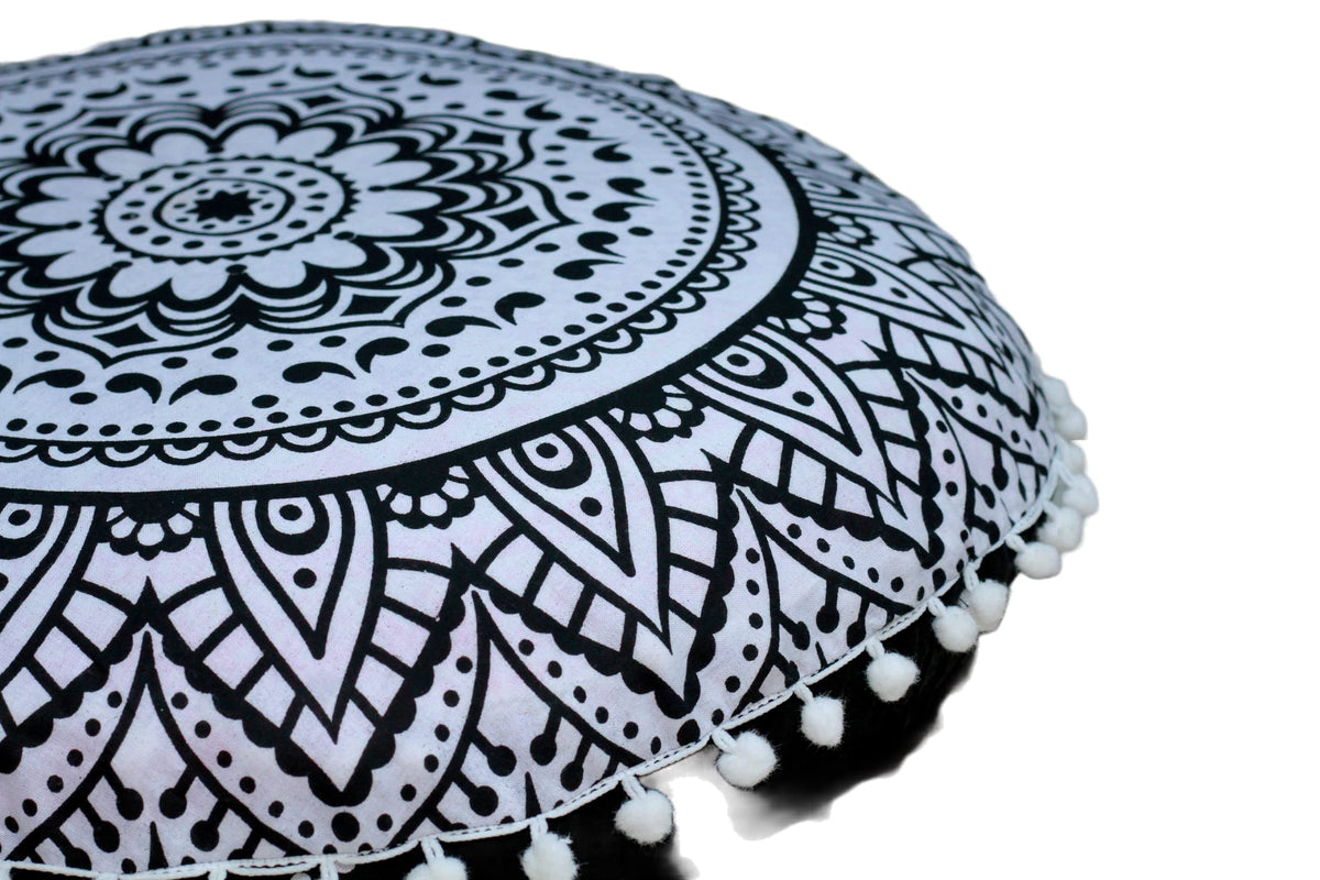 32" Large Round Bohemian Floor Pillow Cover Boho Pouf Cover Mandala Meditation Room Pillows Cover Adults Seating Poufs Cushion Cover for Kids Reading Playroom Black Flower (Black Flower)