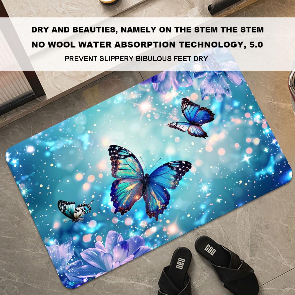 Bath Mat Bathroom Rug (Butterflies, Blue Glitter- / 1'8" x 2'8" (Rectangular))