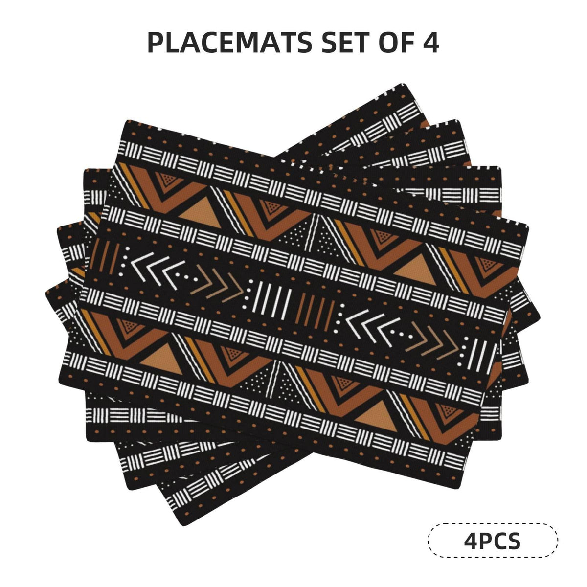 African Placemats Set of 4 Linen Washable 12x18 Inch (Black / 4PCS)