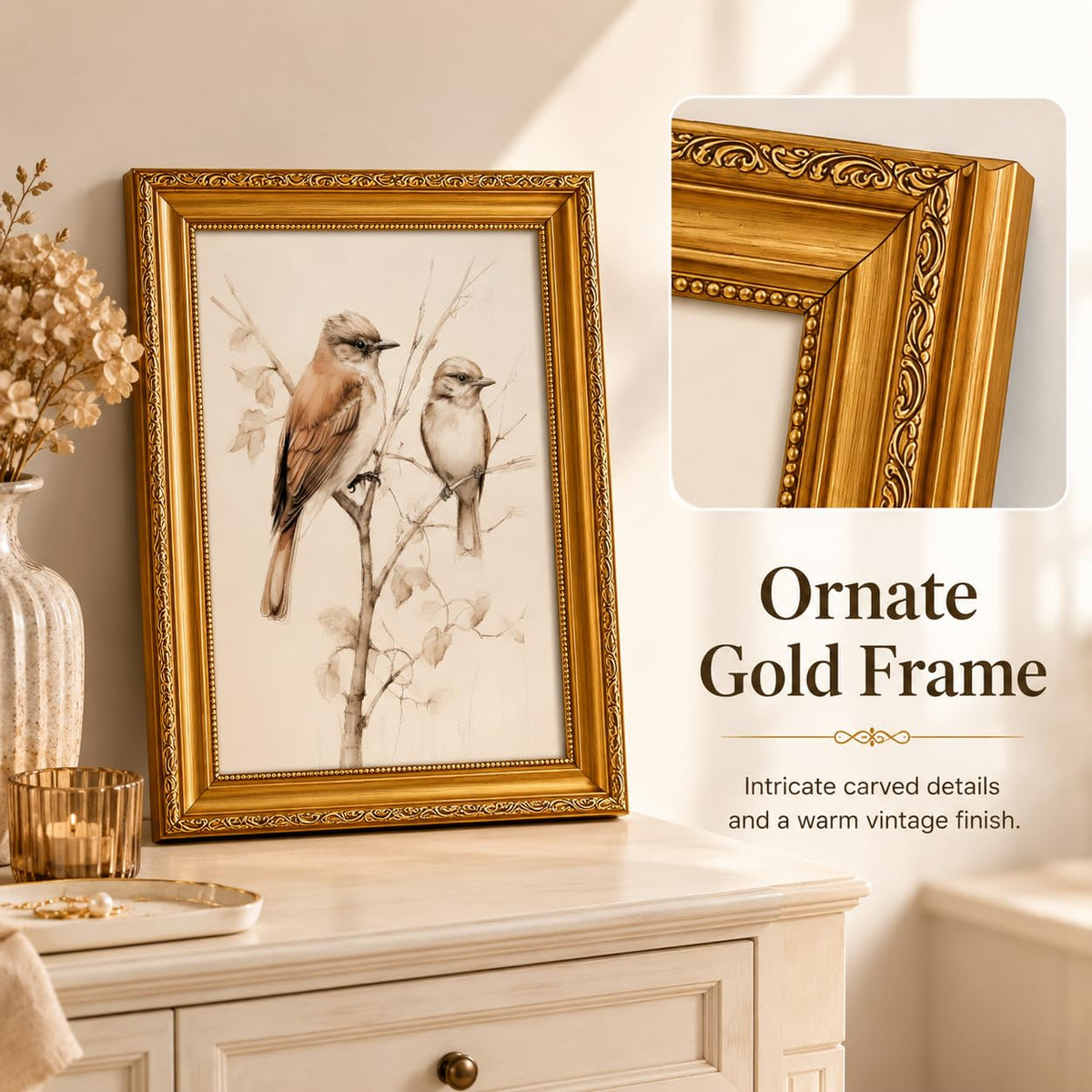Gold Framed Bird Canvas Wall Art Vintage Birds Wall Decor Aesthetic Sparrow on Branch Painting Picture Rustic Farmhouse for Living Room Kitchen Bedroom Decor 9X11in (Neutral birds / 11L" x 9W")