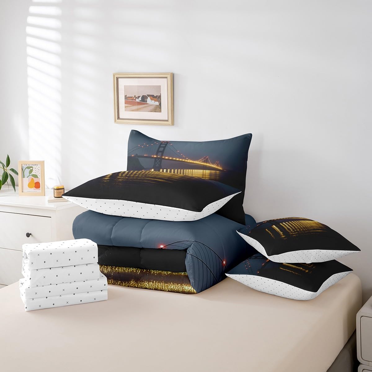 Golden Gate Bridge Comforter Set with Sheets Queen Size Kids Nightscape 7 Piece Bedding Set All Season Teens City Scenery Bed in A Bag Breathable Soft Black and Yellow Room Decor (Dull Black and Yellow / Queen)