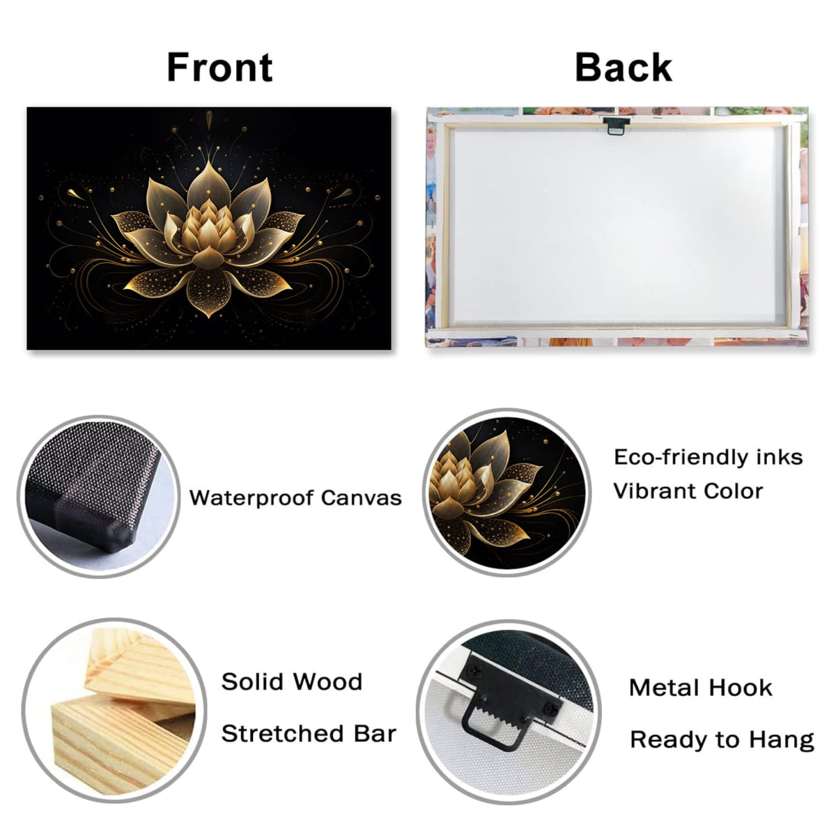 Zen Wall Art Black and Gold Lotus Painting Canvas Print Meditation Poster Flower Picture Vintage Artwork for Spiritual Room Bathroom Living Room Home Decor Framed (30"L x 20"W / A - Black and Gold Lotus)