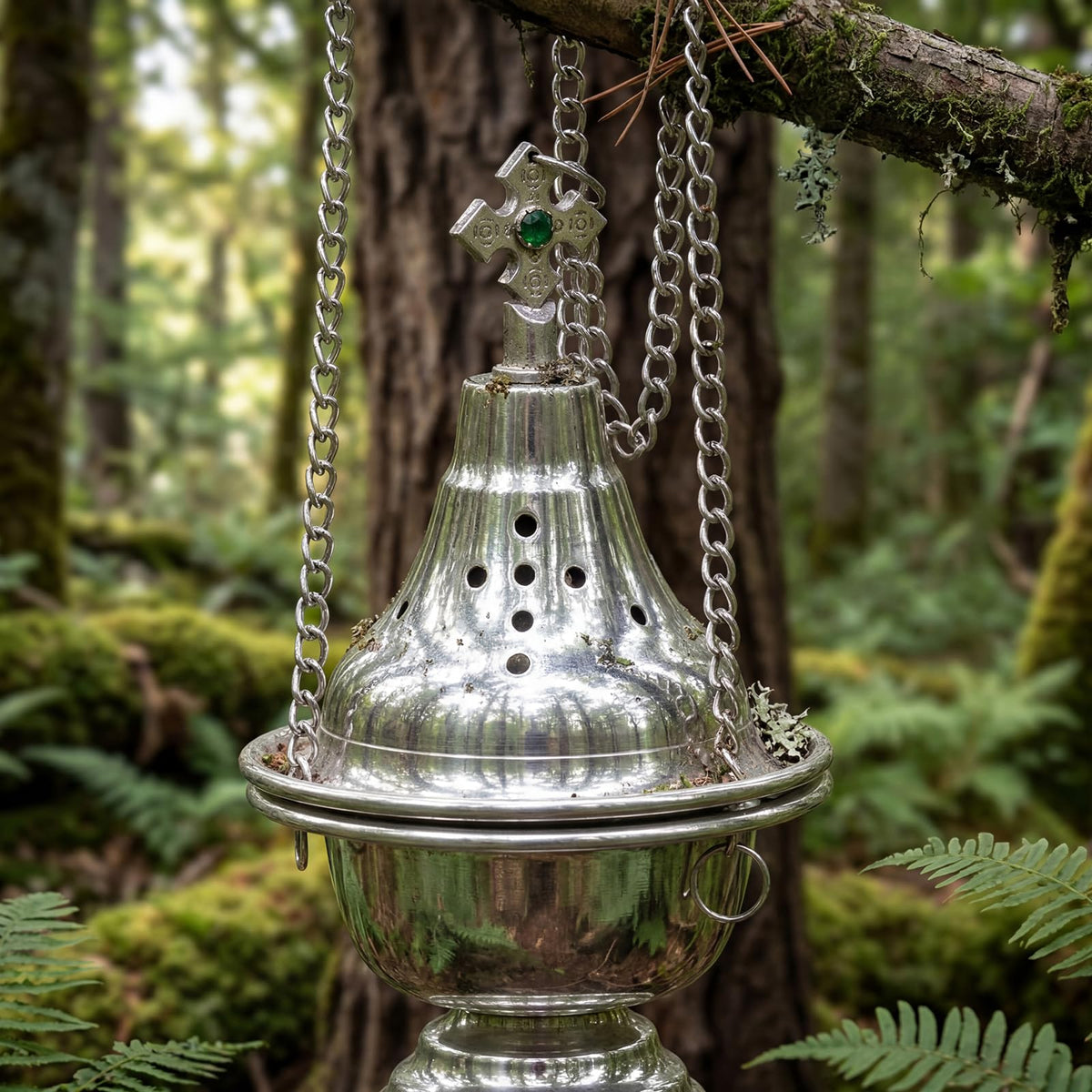 Vintage Hanging Charcoal Incense Resin Burner with Chain and Tongs (Silver)