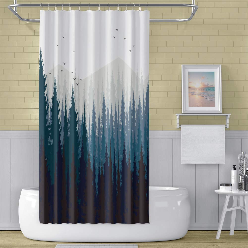 48x72inch Misty Forest Shower Curtain Fantasy Foggy Pine Tree Birds Landscape Woodland Natural Rustic Camper Bath Curtain Waterproof Fabric Polyester for Modern Home Bathroom Decor with Hooks (48"W x 72"L (Pack of 1) / Blue)