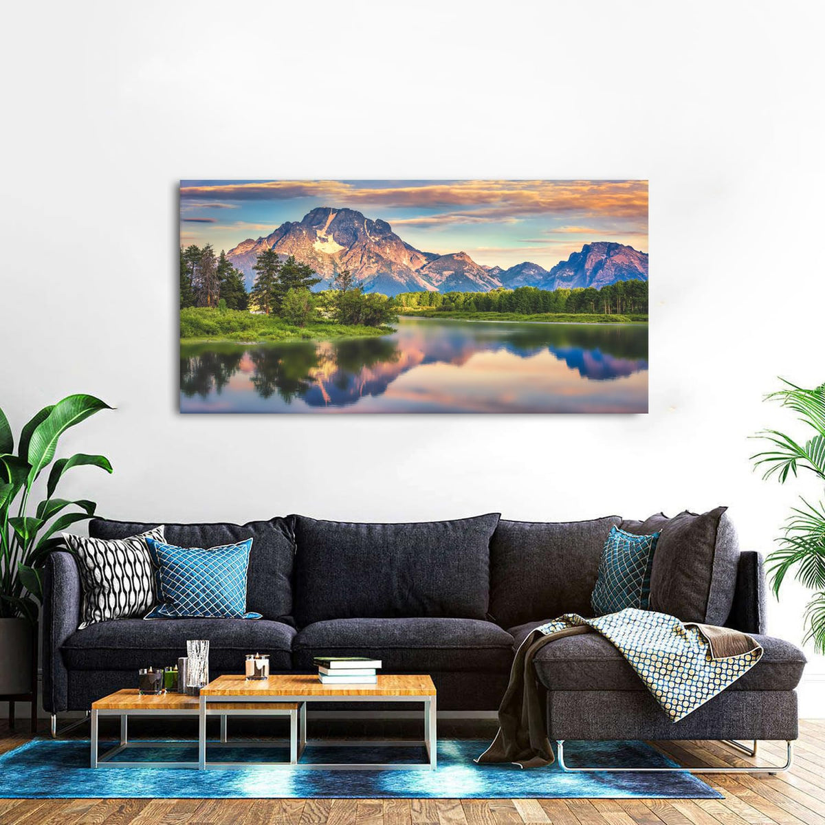 Grand Teton National Park Wall Art Mountain Lake Scenic Panoramic Canvas Wall Decor for Living Room Sunrise Nature Prints Bedroom Vintage Forest Landscape Posters Artwork Office Home Decoration 30x60" (57.8"L x 30"W / Wyoming Mountain)