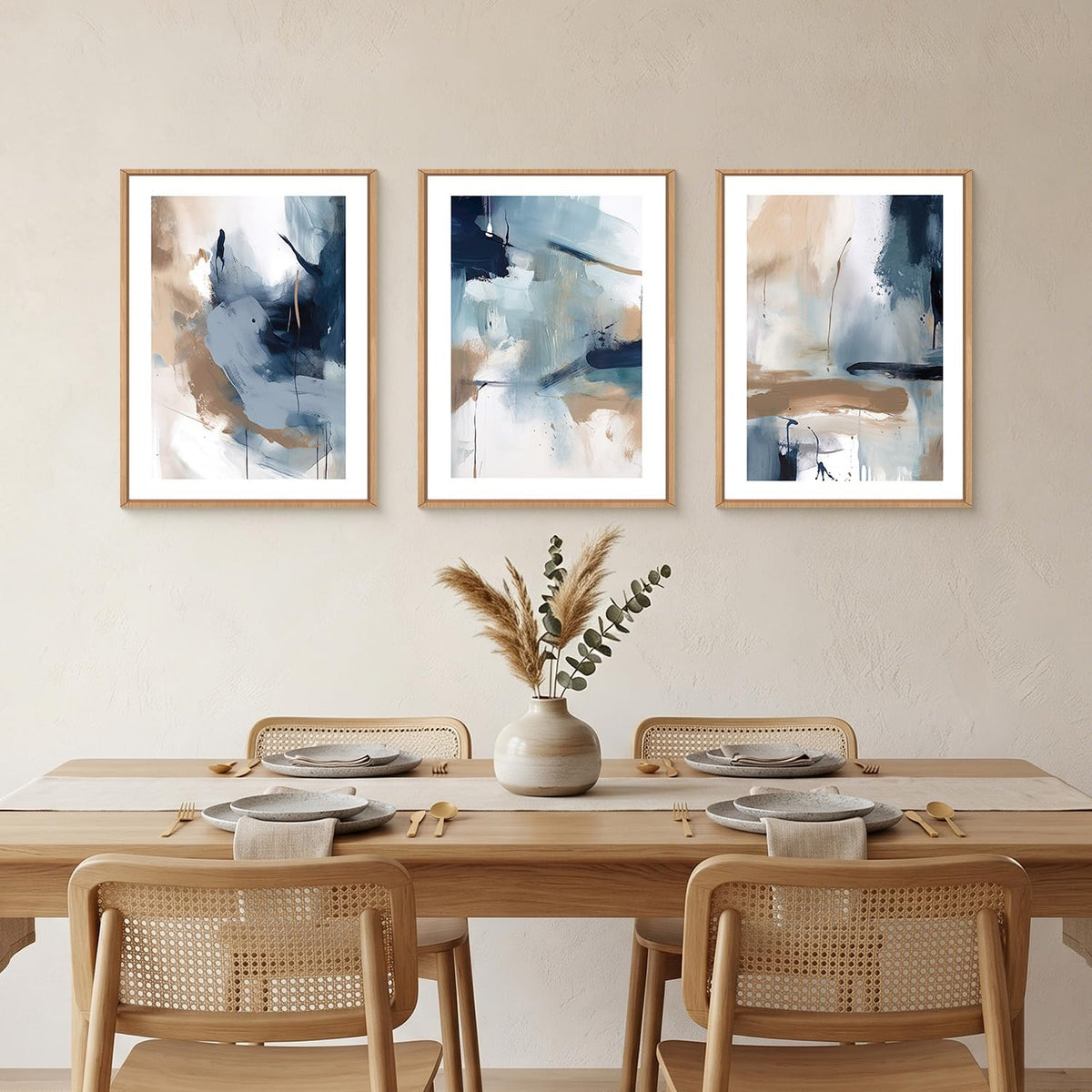 Abstract Navy Blue Framed Canvas Wall Art (Modern Blue and Brown Wall Art / 12''x16''x3)