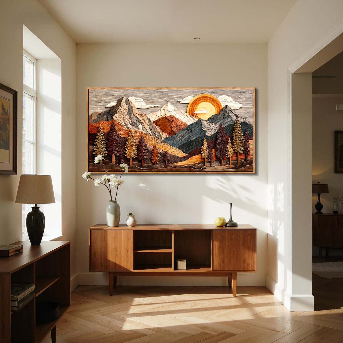 Boho Mountain Framed Wall Art Abstract Landscape Decor Extra Large (Wooden Mountain Print / 57"L x 29"W)