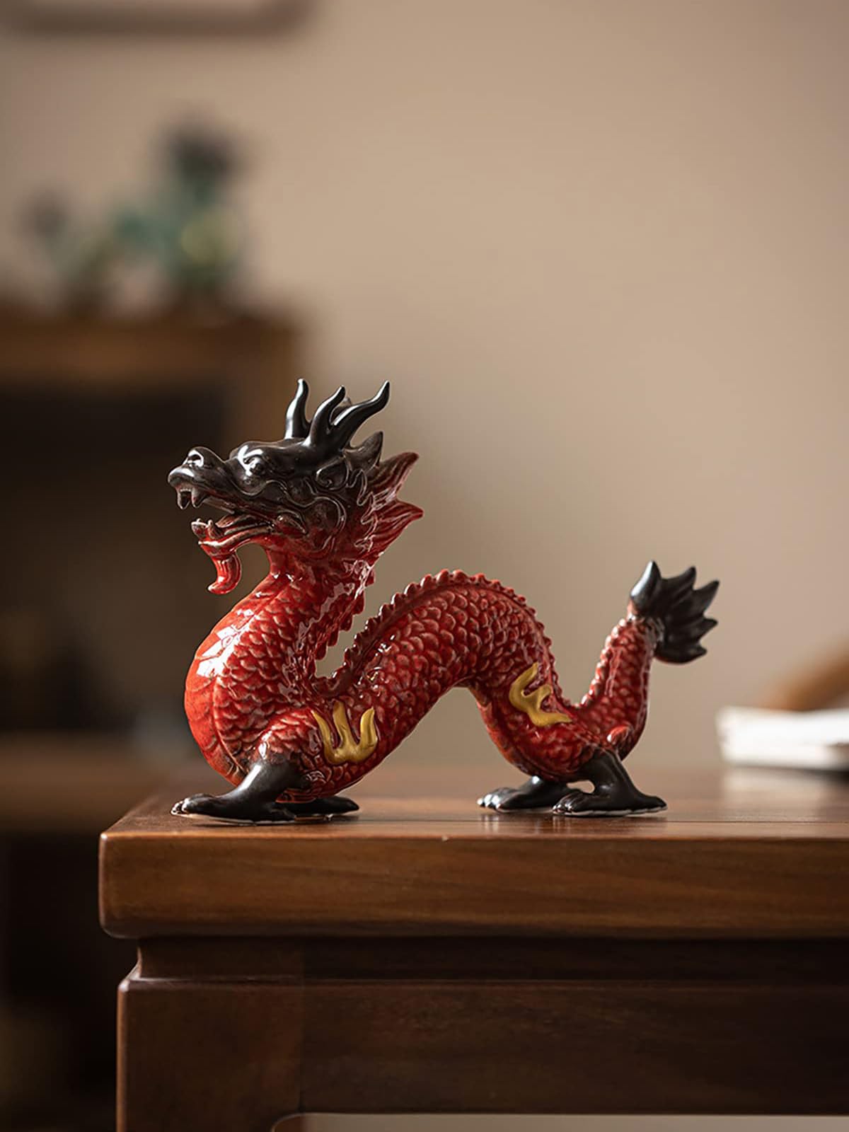 Feng Shui Ceramic Dragon Figurine (Red)