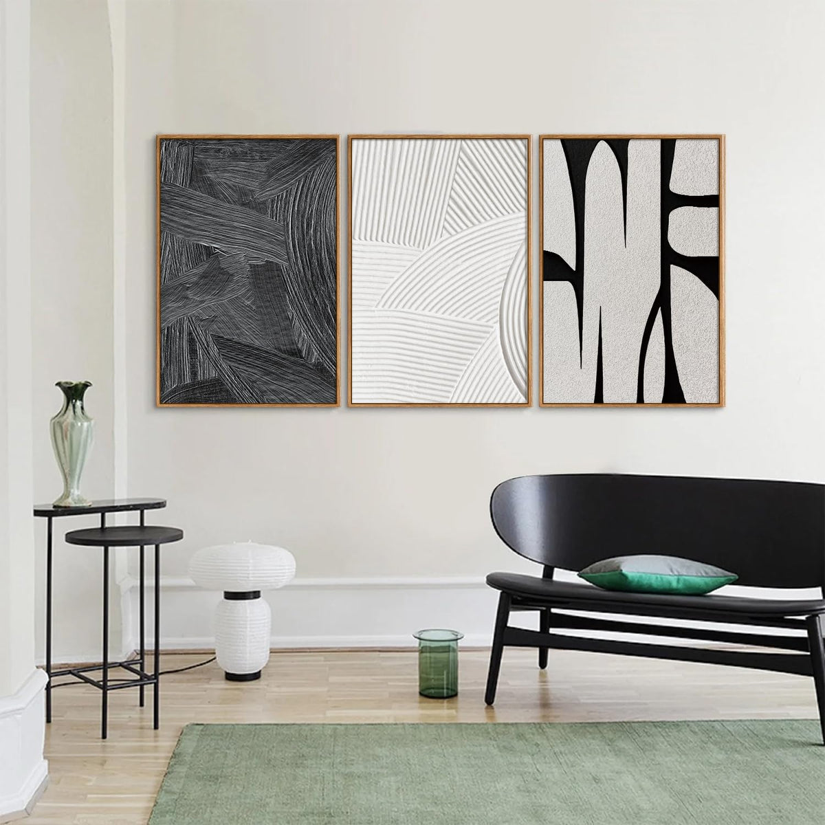 Black and White Framed Canvas Wall Art Set (Geometric Brushstroke / 36"L x 24"W)