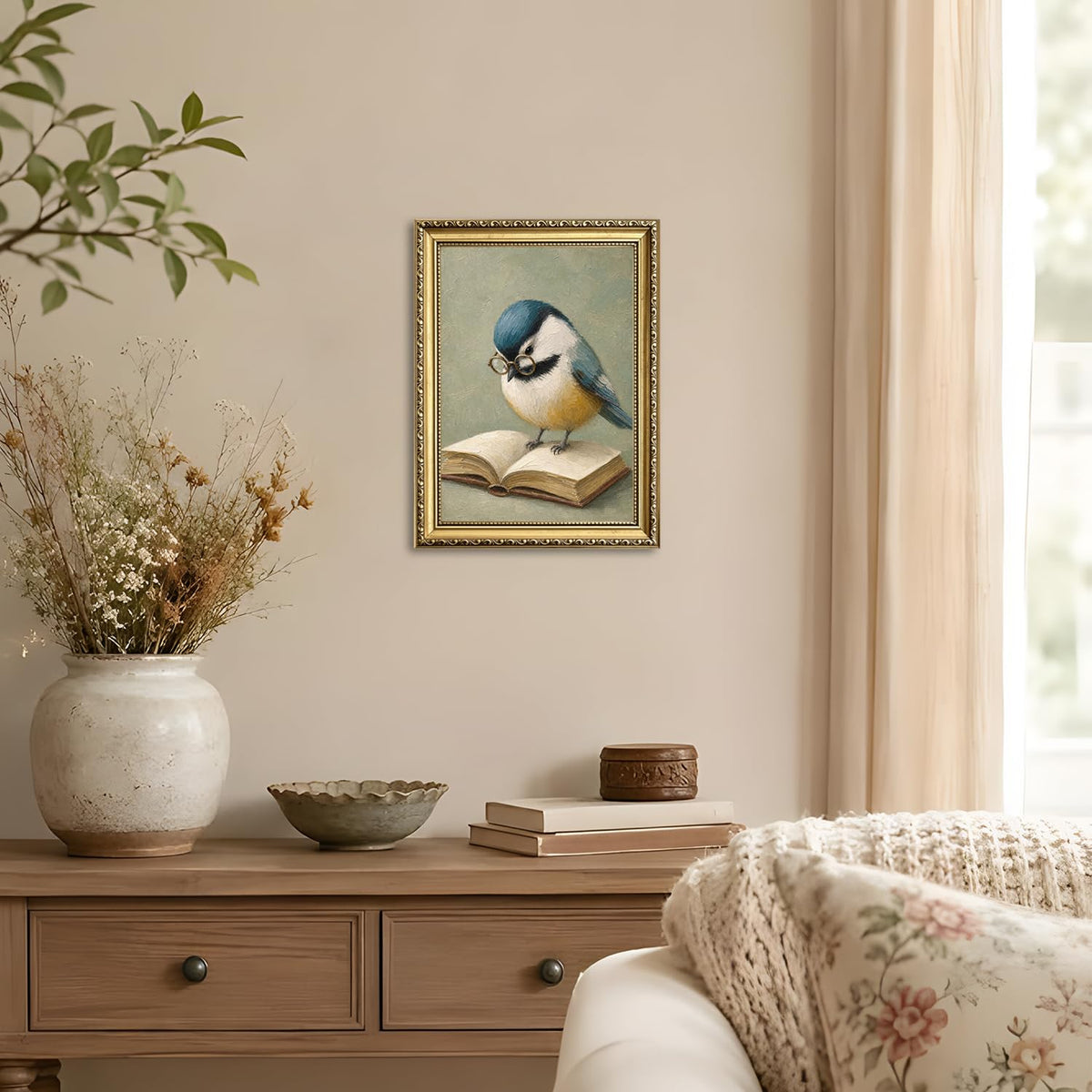 Vintage Blue Bird Reading Wall Art Cute Bird Book Lover Wall Decor Picture Whimsical Animal Poster Canvas Painting Print for Library Living Room Bedroom 12x16 in Gold Framed (Animal-DD / 16"L x 12"W)