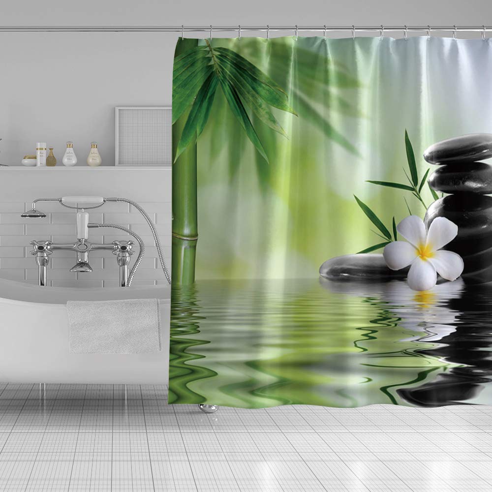 Spa Shower Curtain Meditation and Picture of Bamboo Stalks and Basalt Stones Theraphy Relaxing Waterproof Polyester Fabric Bathroom Decor Set with Hooks 72x84inch (72"W x 84"L (Pack of 1) / Green 03)