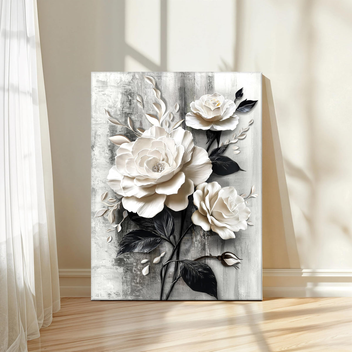 Elegant Rose Canvas Wall Art Print Modern White and Black Floral Picture Poster Abstract Blooming Flowers Painting Vintage Artwork for Living Room Bedroom Bathroom Office 12x16in (White Roses / 16"L x 12"W)