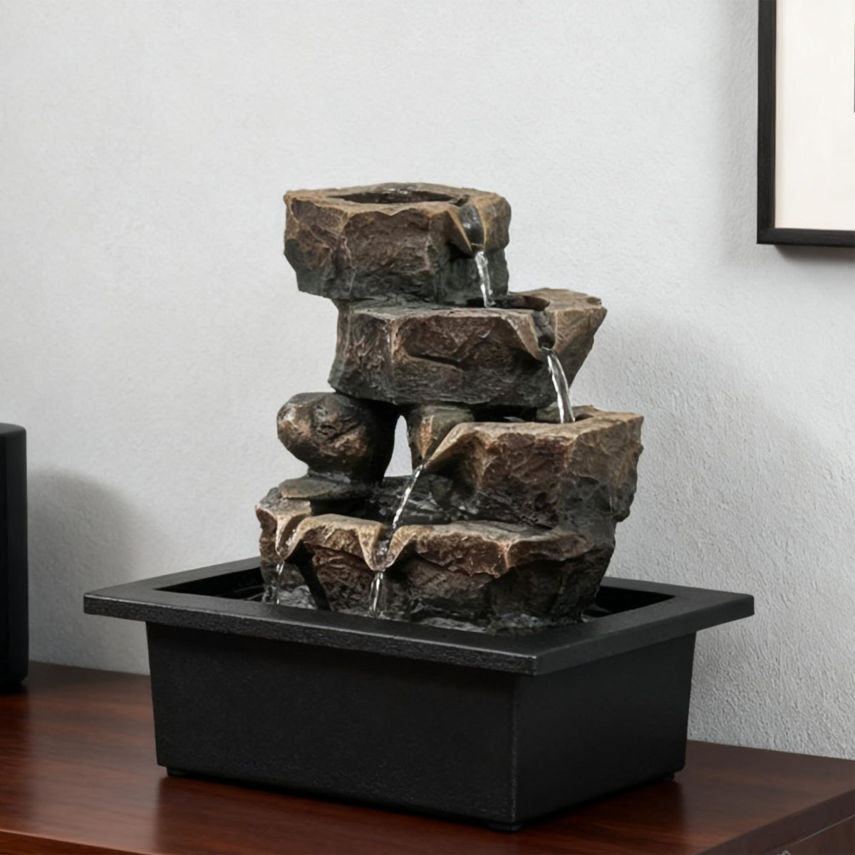 Indoor Tabletop Rock Waterfall Fountain with Warm Light & Stacked Stone for Home Office Desk Decor (Style 6)