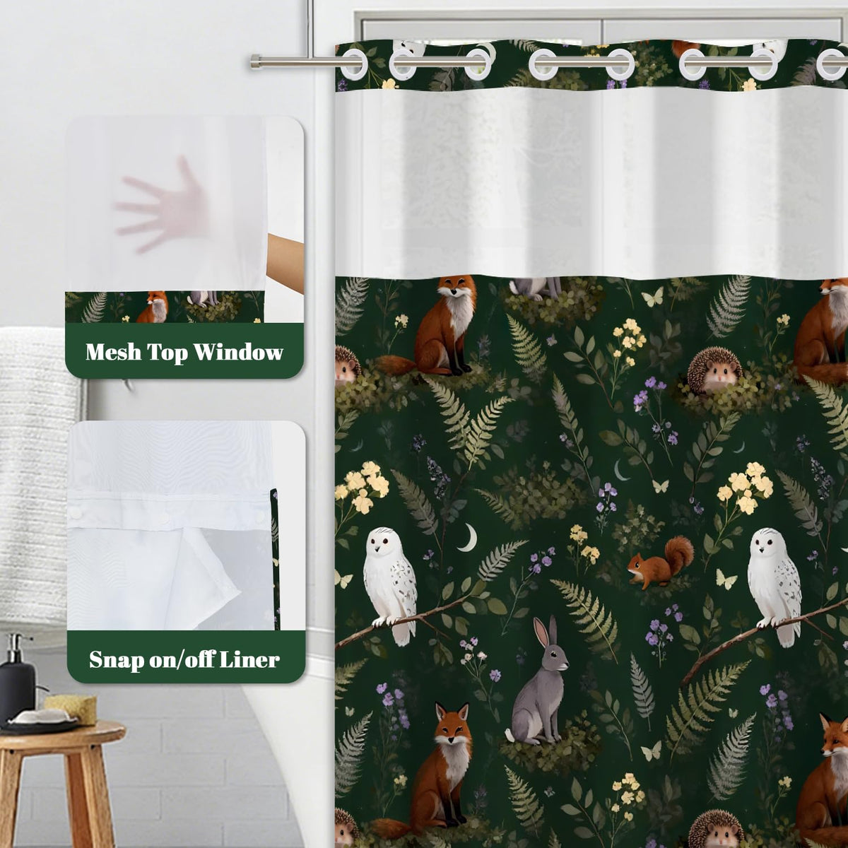 Whimsical Woodland Animals Shower Curtain with Snap in Liner (Gothic Animal)