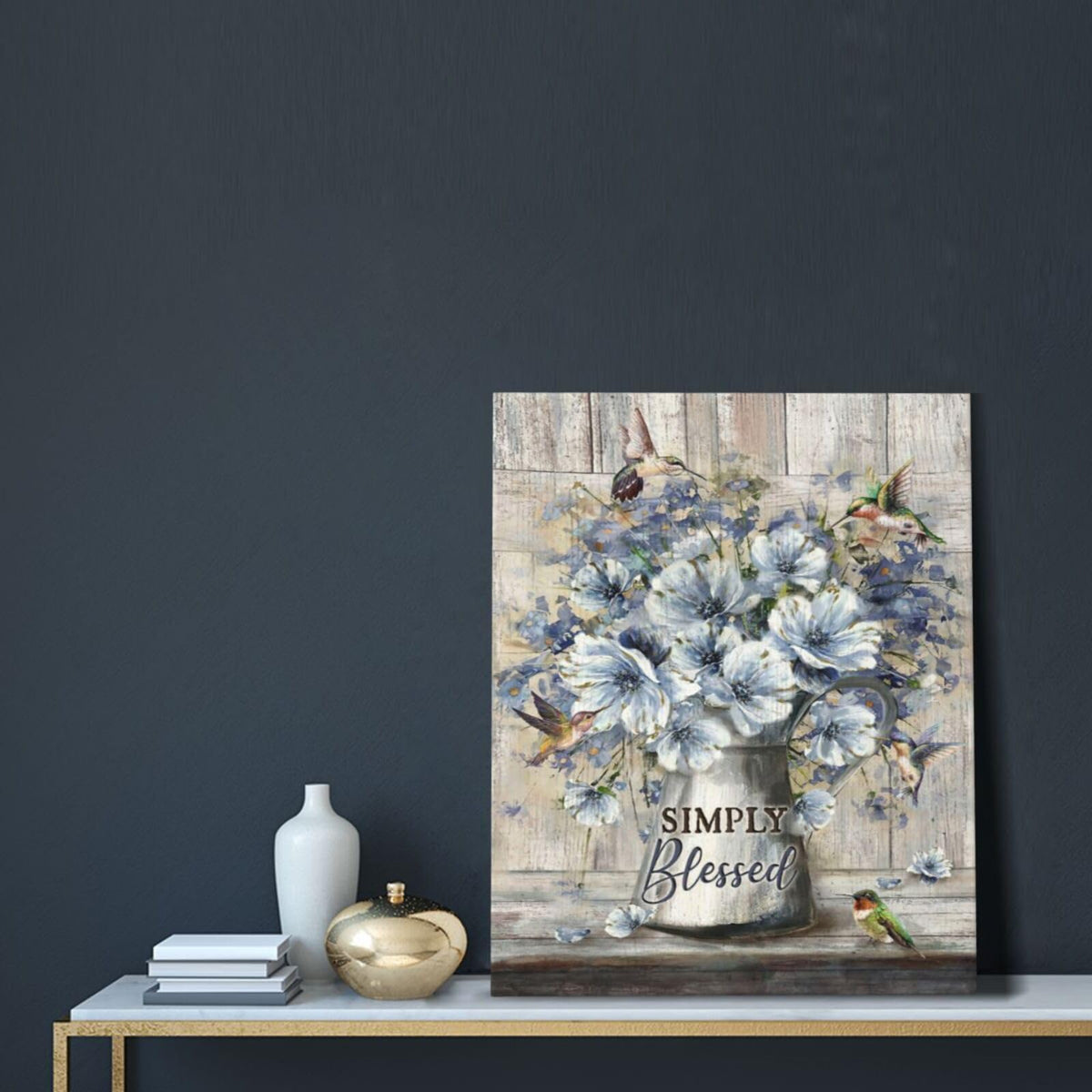 Flower Bathroom Wall Art Farmhouse Flower Pictures Wall Decor Rustic Blue Floral Hummingbird Canvas Painting Prints Modern Artwork Home Decoration for Bathroom Bedroom Living Room 20"x16" (Simply Blessed / 20"L x 16"W)
