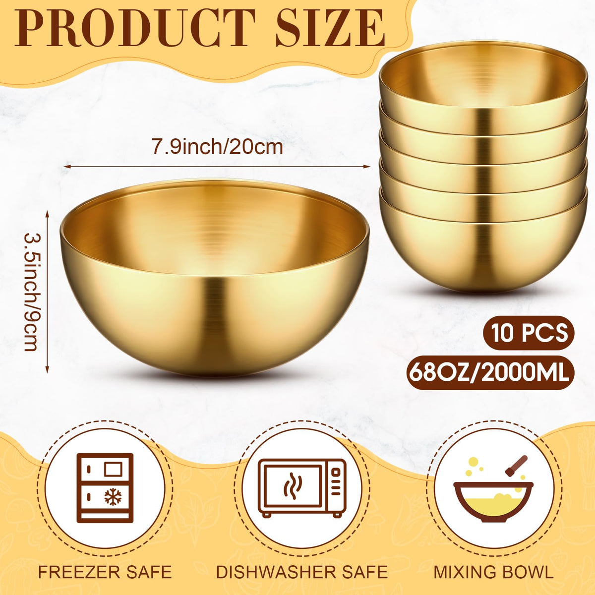 10 Pcs 7.9 Inch Gold Bowls Stainless Steel Salad Mixing Bowls (7.9 Inch / Gold)