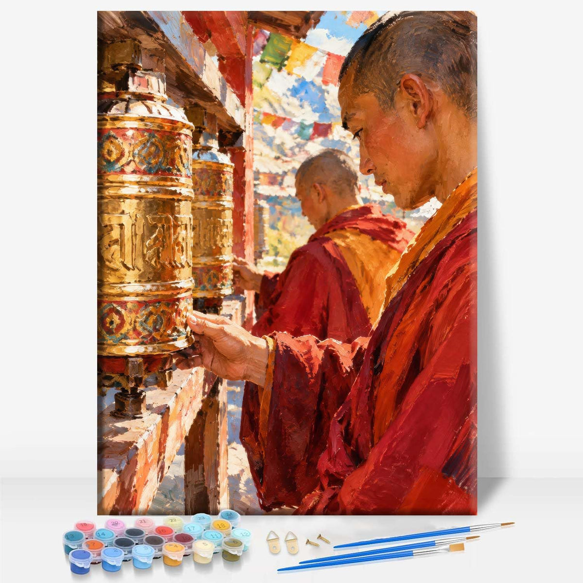Monks Spinning Prayer Wheels Buddhism Framed Canvas DIY Paint by Numbers Kit Bar Cafe Cave Home Room Wall Bathroom Porch Patio Decor Gift (MONKS SPINNING PRAYER WHEELS - 16 x 12 Inch)