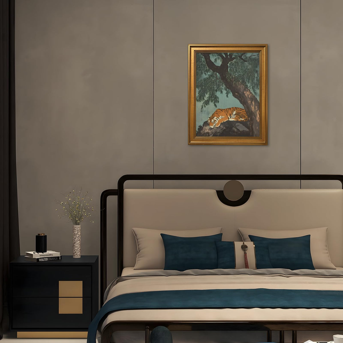 Gold Framed Vintage Tiger Wall Art Prints Retro Oriental Landscape Poster Asian Style Wildlife Canvas Painting Lazy Zen Tiger Under Ancient Tree Picture Artwork for Bedroom Home Decor 20x30inch (20"L x 30"W / Sleeping Tiger)