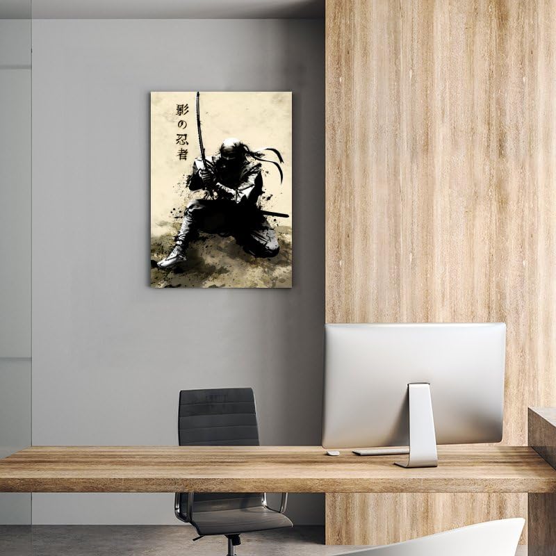 Japanese Samurai Shadow Canvas Painting Wall Art Japanese Style Posters And Prints Retro Pictures Living Room Bedroom Decor Framed 8"X12" (12"L x 8"W / Frame-4)