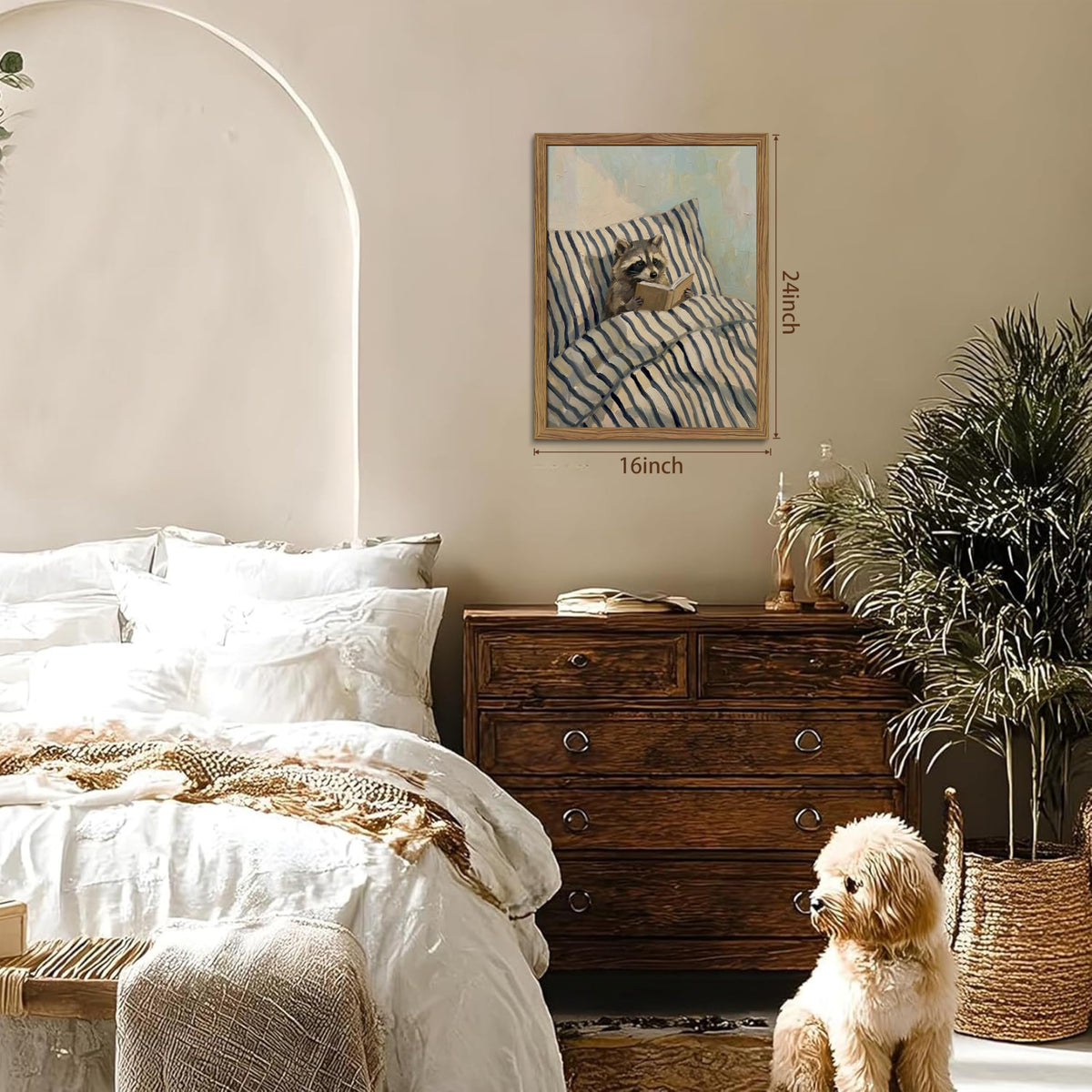 Funny Raccoon Reading Wall Art (Raccoon Lies In Bed Reading A Book / 24"L x 16"W)