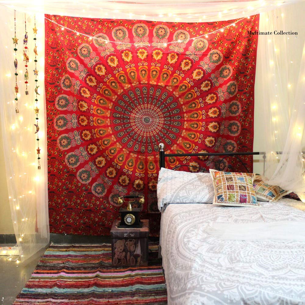 Tapestry Wall Hanging Hippie Mandala Bohemian Hippy Psychedelic Design Indian Tapestries Bedspread 84 x 90 Inches (90.6"L x 84.7"W / Red_Yellow)