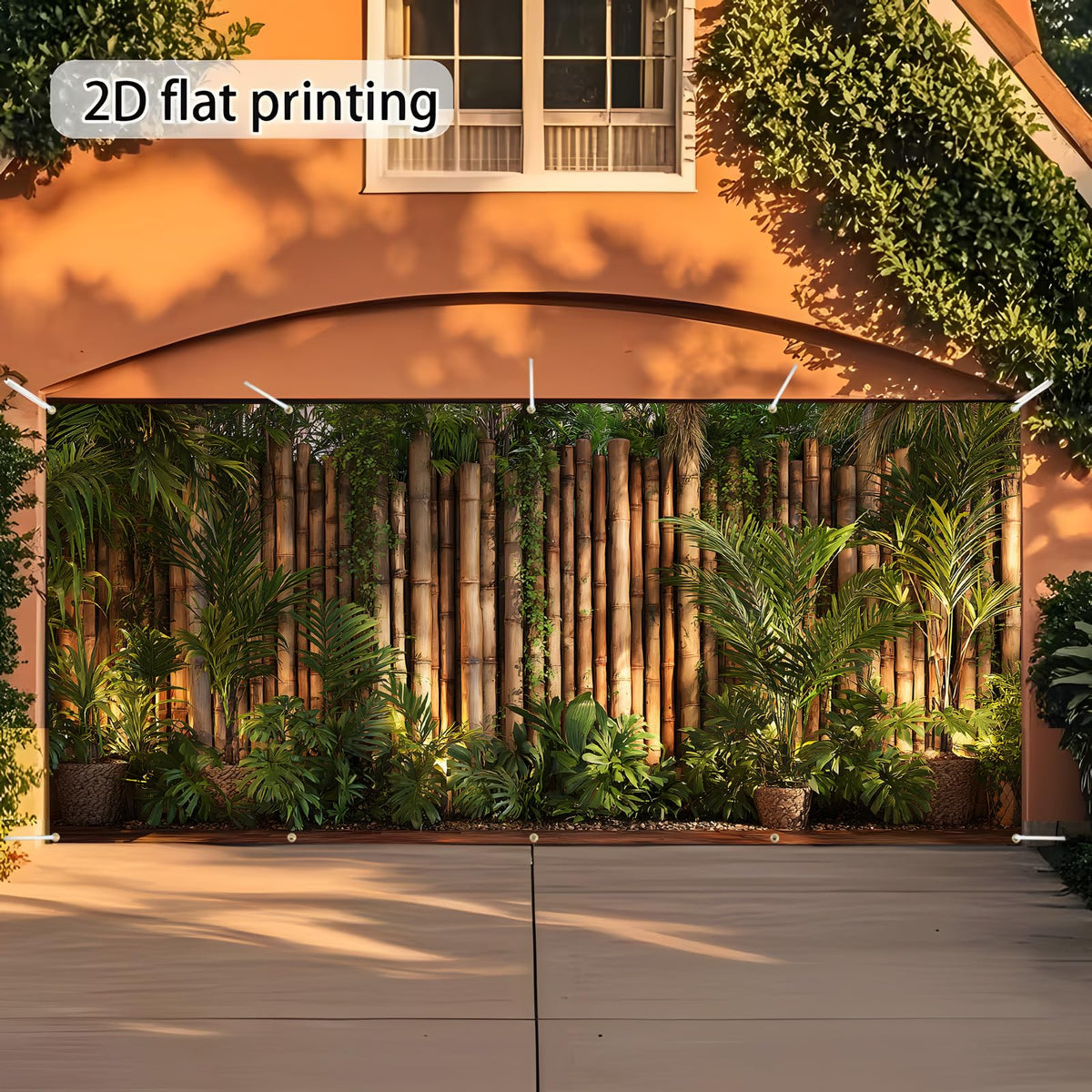 Garage Door Banner Cover 6x13 ft (Bamboo fence green plant wall)