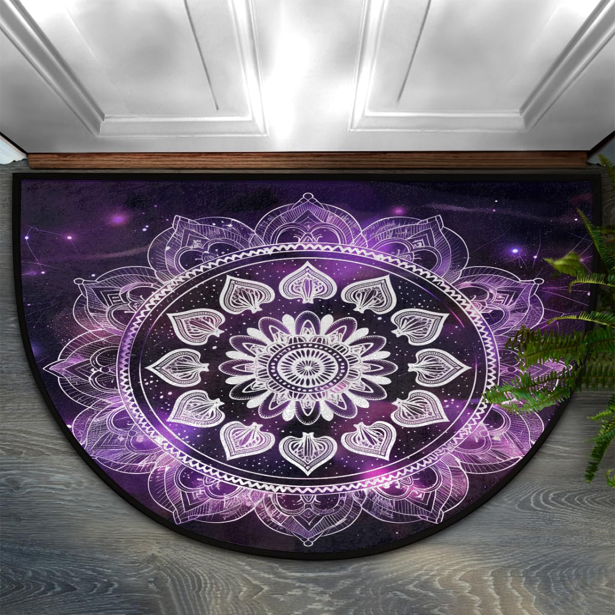 Purple Mandala Flower Half Round Door Mat Non Slip Semi Circle Doormat Low Profile Front Door Mat for Patio Porch Kitchen Bathroom Entryway (Purple Mandala Flower)