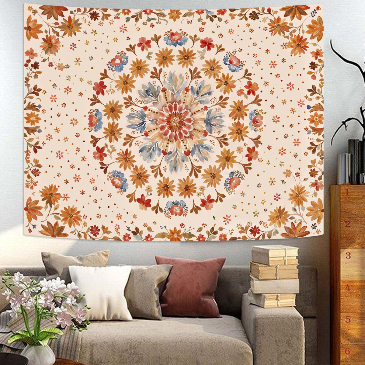 Boho Floral Mandala Tapestry Wall Hanging Watercolor Bohemian Flower Medallion Tapestry Aesthetic Beige Orange Hippie Indian Small Tapestries for Bedroom Living Room Dorm Decor 60 x 44 Inch (Beige Orange / 60"L x 44"W)