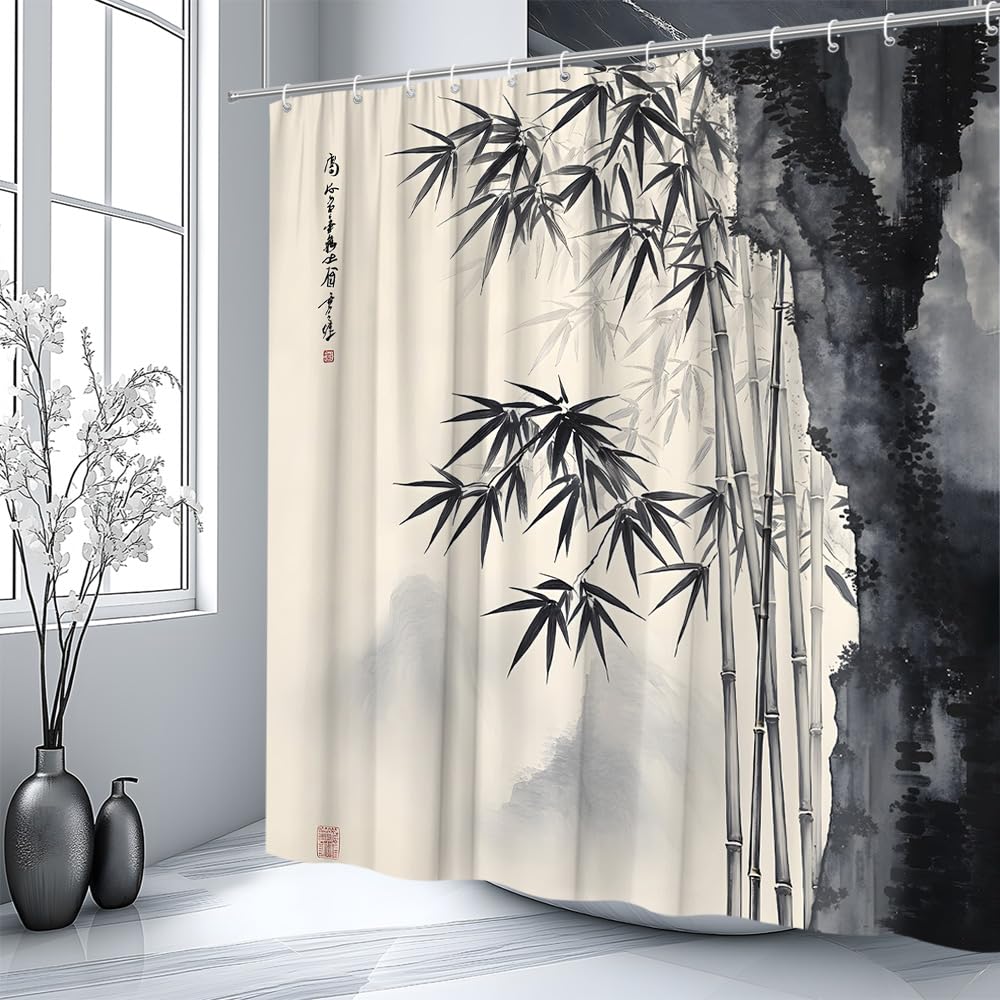 Bamboo Shower Curtain Japanese Mountain Traditional Asian Style with Black and White Ink Painting Oriental Zen Bathroom Decor Polyester Curtains with Hooks (Grey / 70"W x 82"L (Pack of 1))