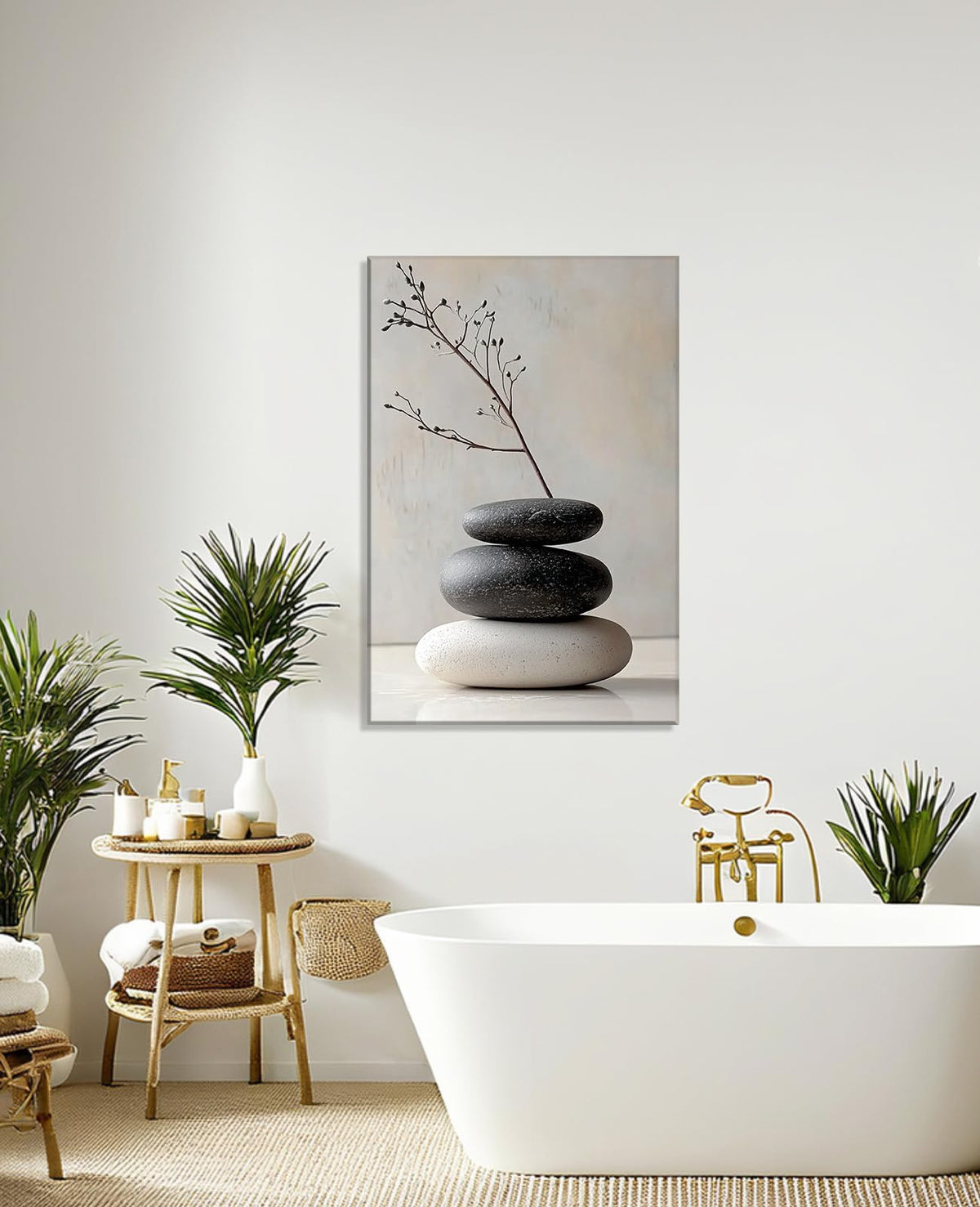 Large Zen Canvas Wall Art Spa Stones Picture Wall Decor Framed Meditation & Calm Painting Minimalist Prints Spiritual Room Living Room Bathroom Ready to Hang (42"L x 28"W / C - Beige)