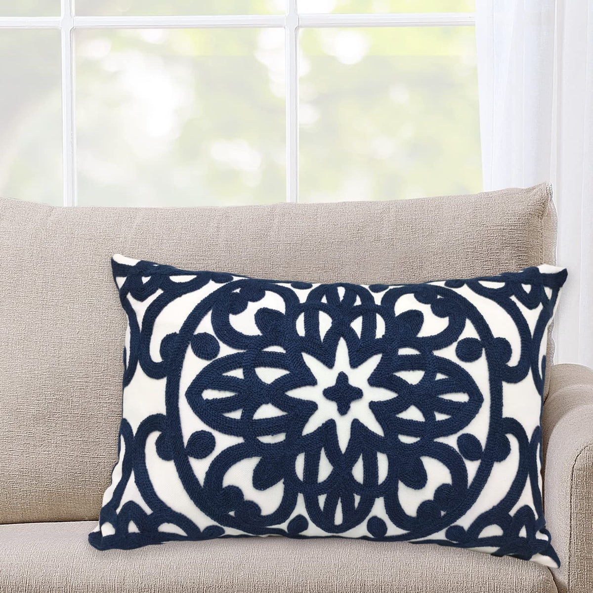 Boho Embroidered Lumbar Throw Pillow Cover 12"x 20" (Navy / 20" x 12" (Pack of 1))