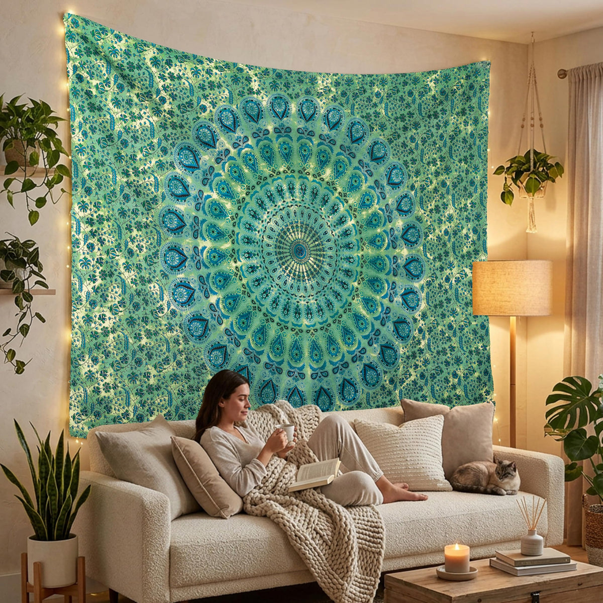 Peacock Mandala Tapestry for Bedroom Living Room Décor (60"L x 50"W / Green)